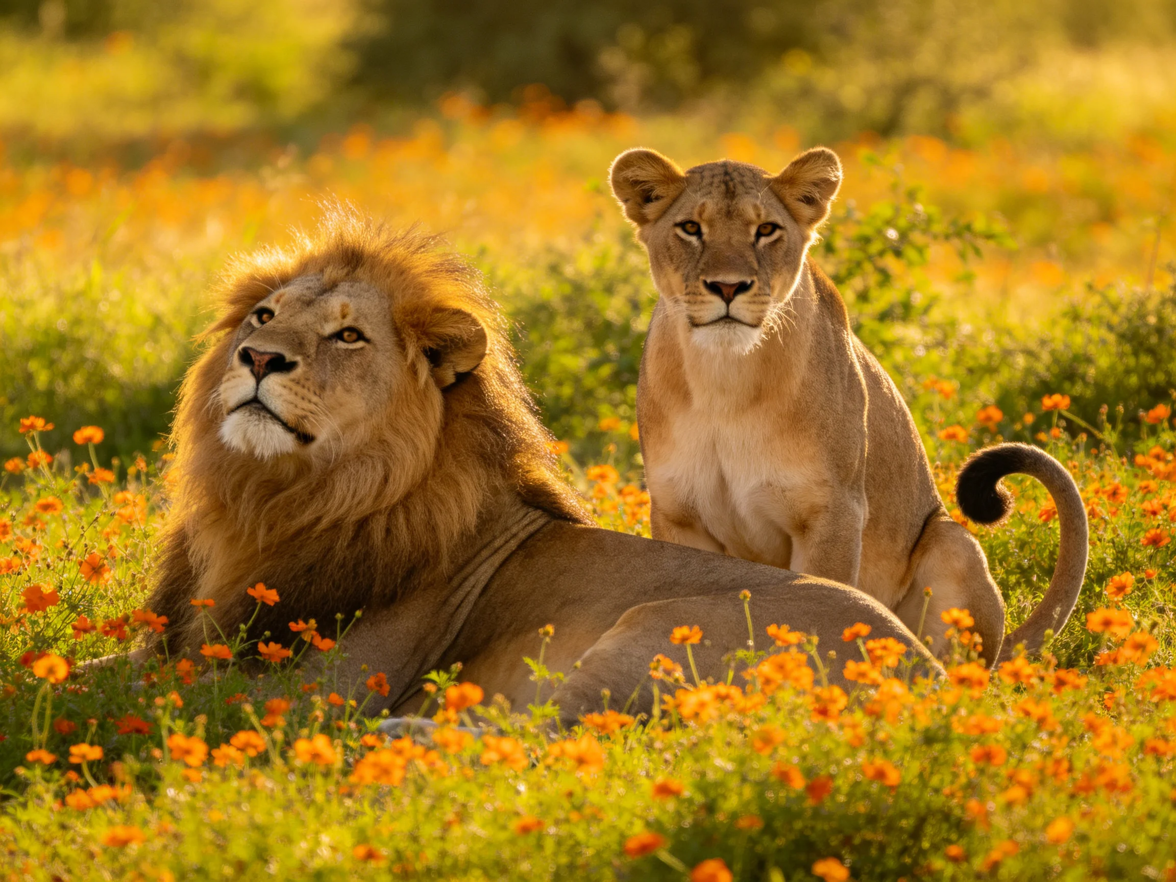 A lion and lioness sit together in a field filled with bright orange blooms.