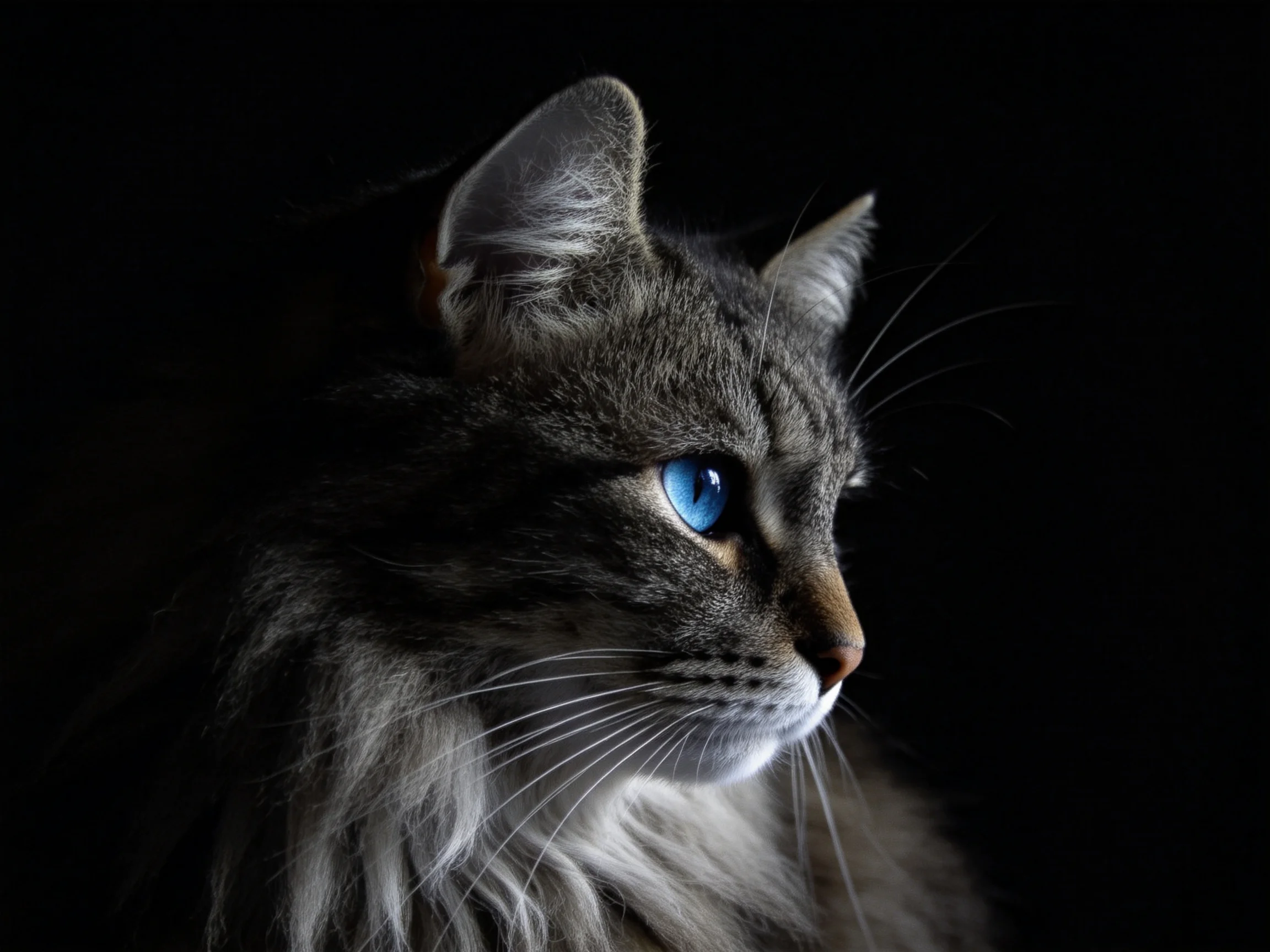 A majestic long-haired cat with striking blue eyes against a dark backdrop