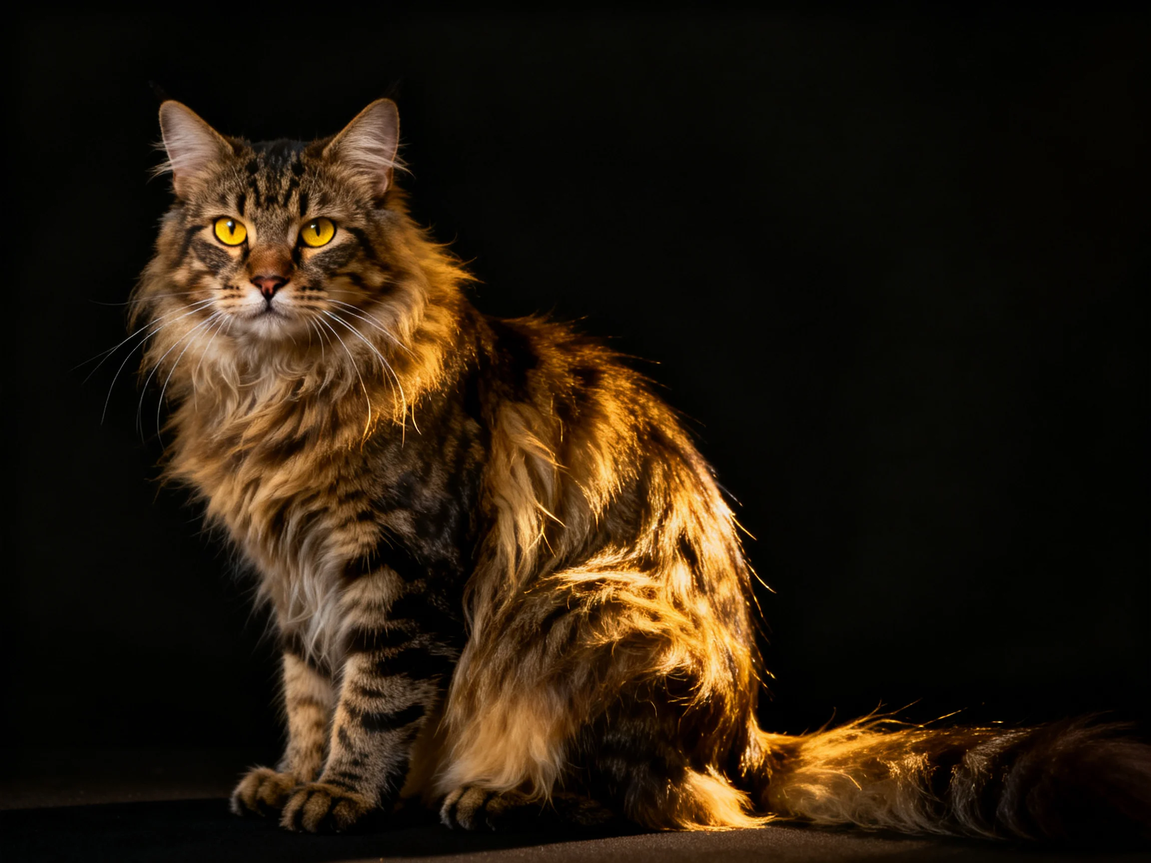 A majestic long-haired tabby cat with bright yellow eyes on a dark backdrop