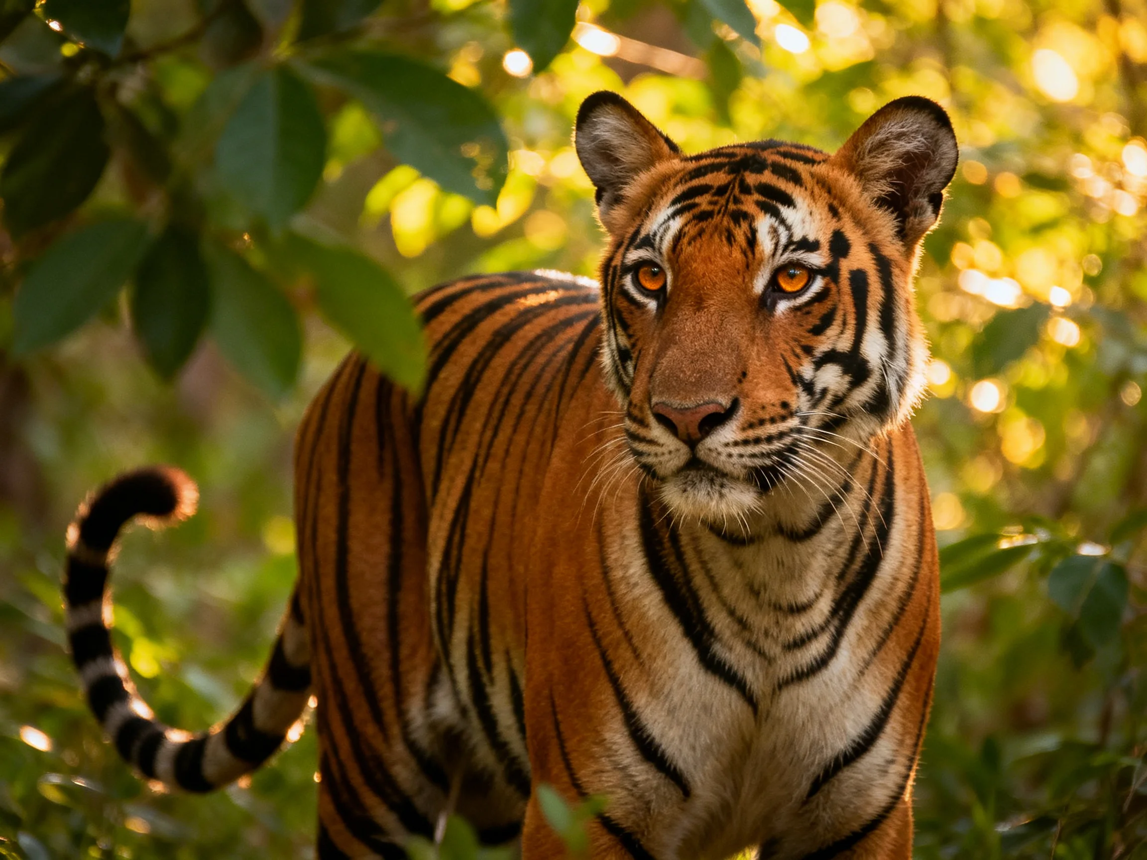 A tiger stands alert in a sunlit, leaf-filled forest.