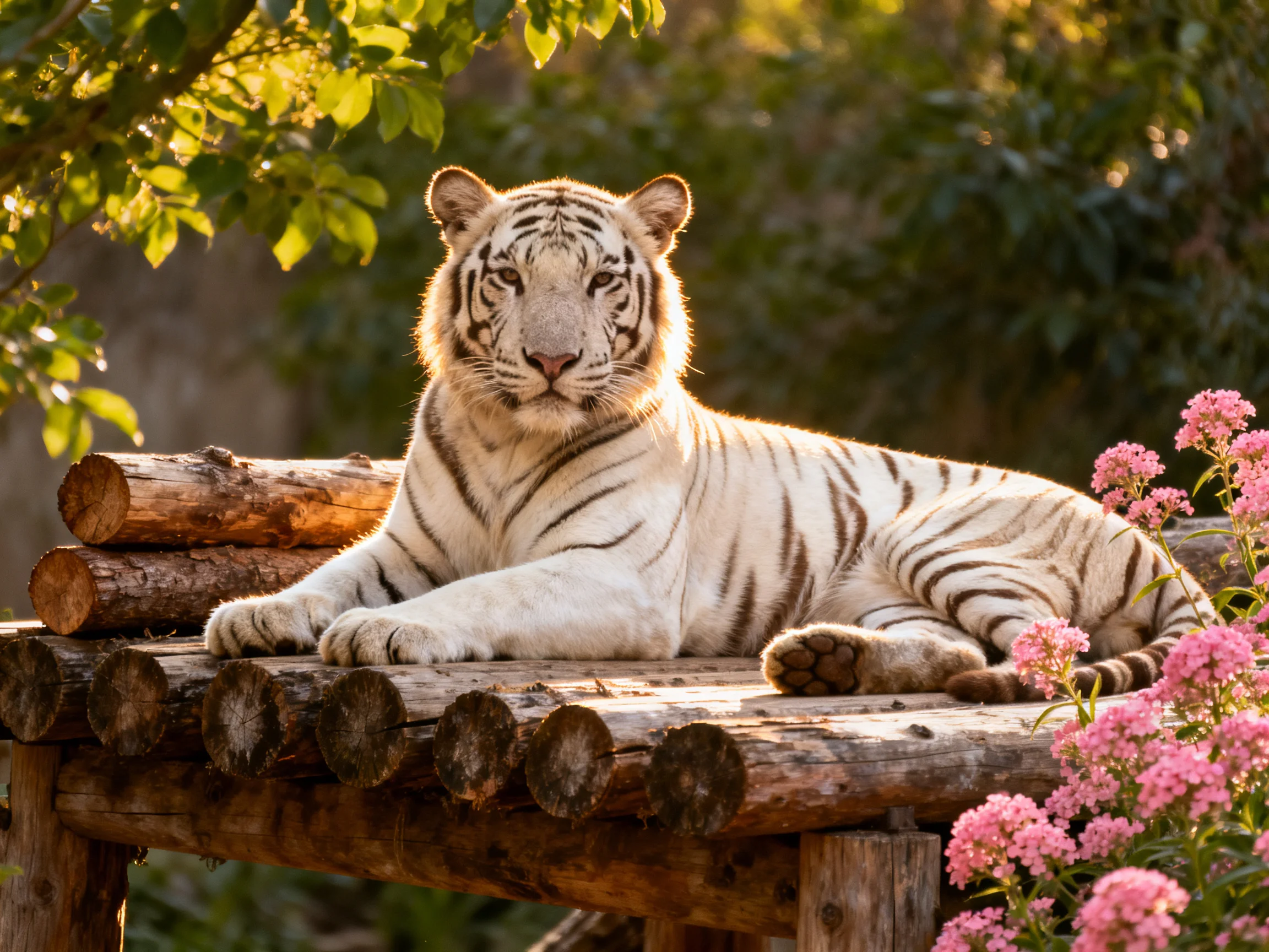 A white tiger relaxes on a wooden platform amid natural surroundings