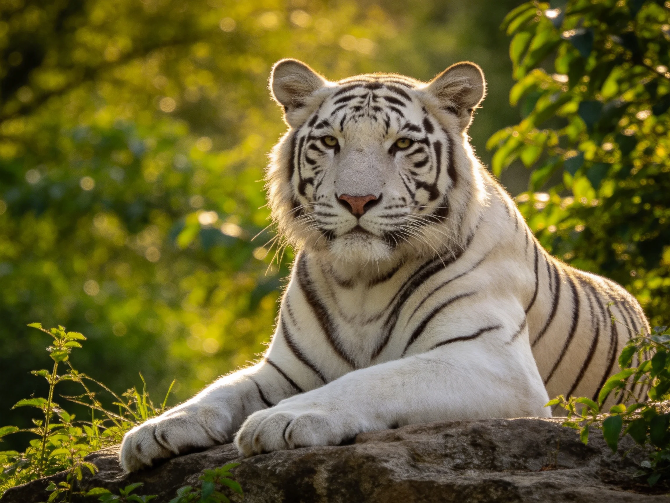A white tiger lies calmly on a rock surrounded by dense foliage