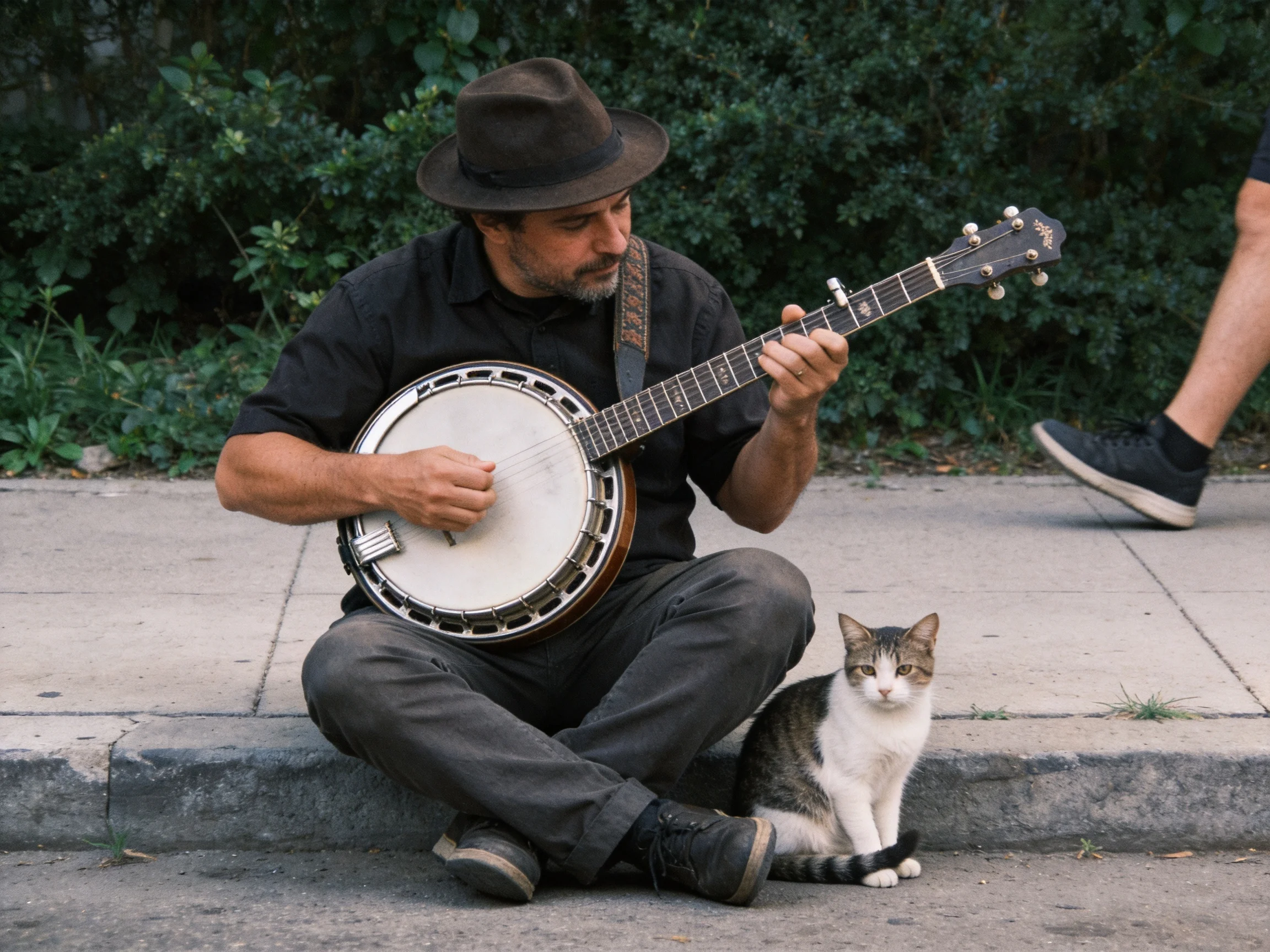 A man plays banjo beside a cat on a city sidewalk