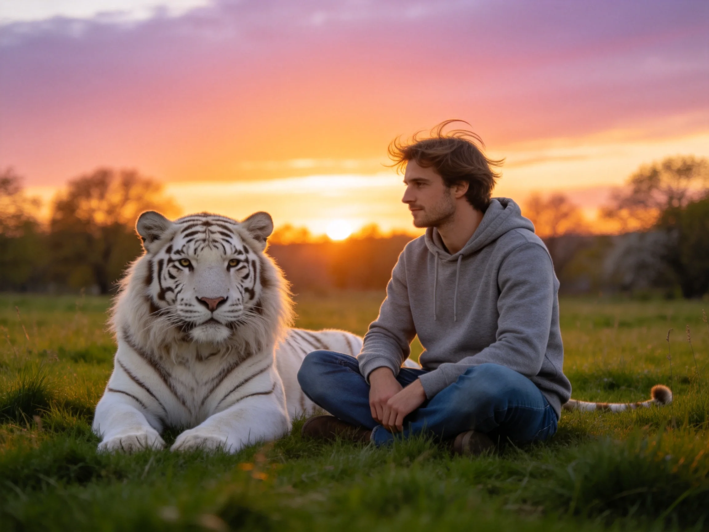 A man sits next to a white tiger on grass as the sun sets.
