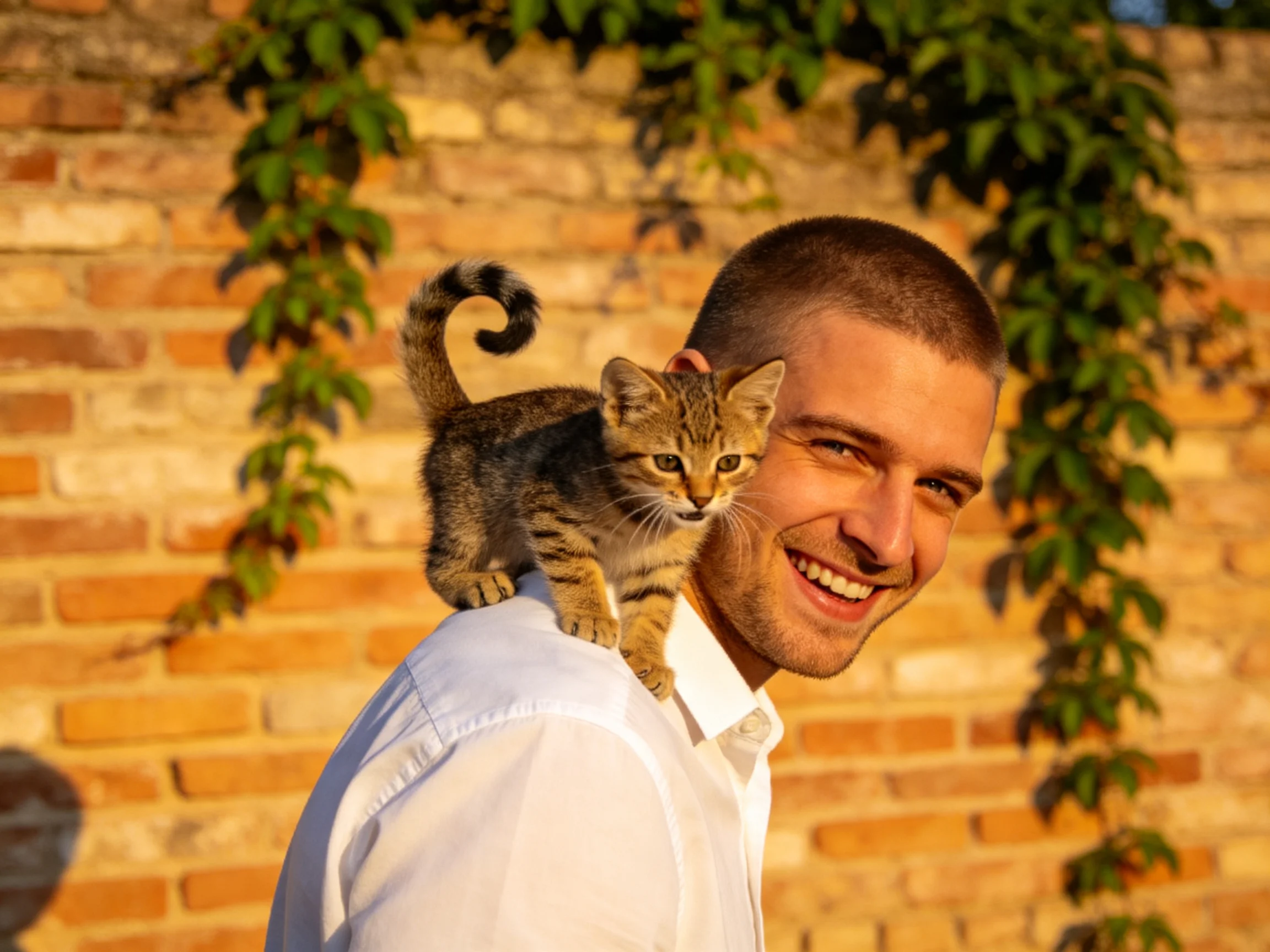 A man smiles as a tabby kitten rests on his shoulder by a brick wall with vines.