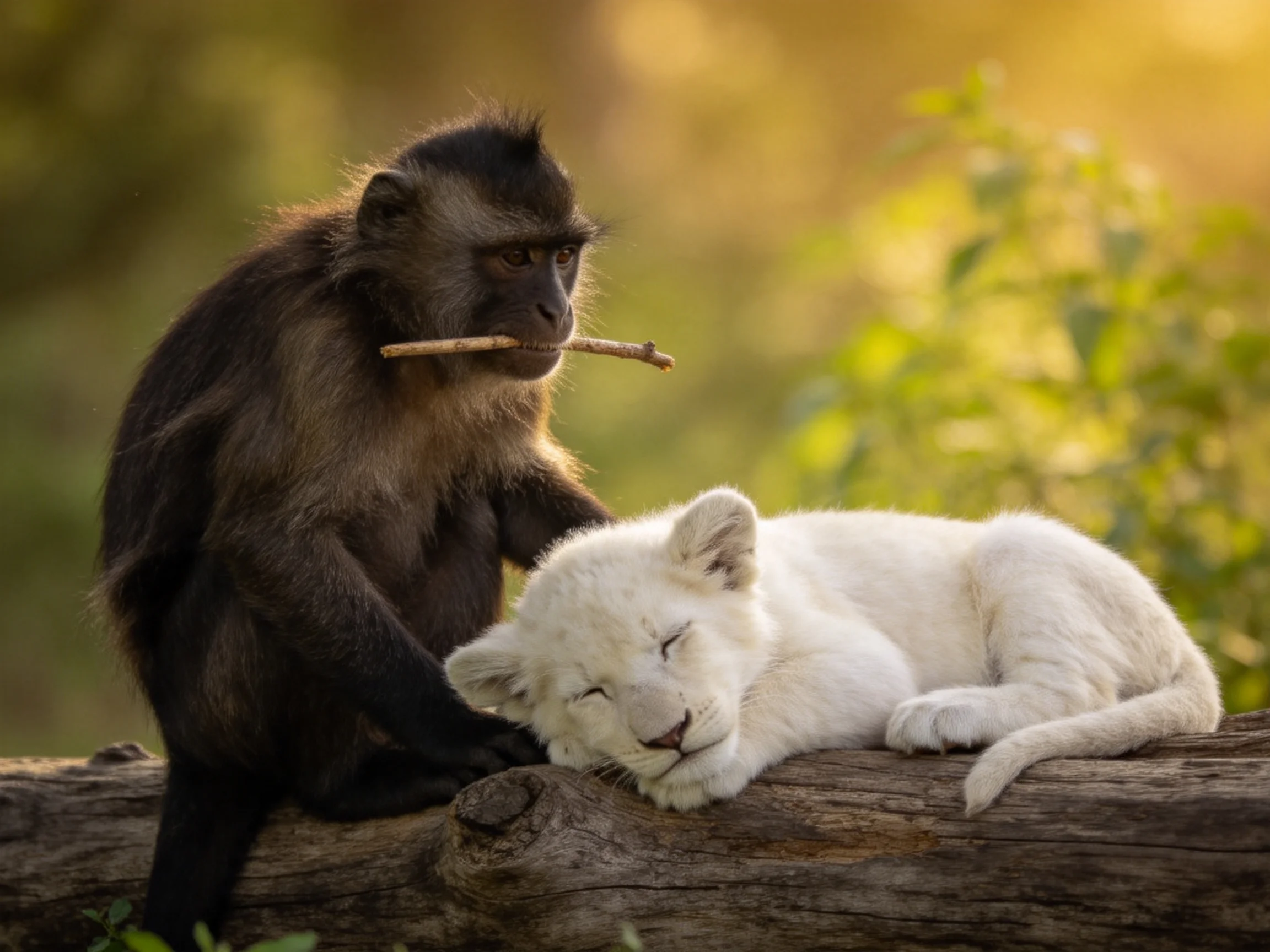 A monkey and white lion cub rest together on a log in a sunlit setting.