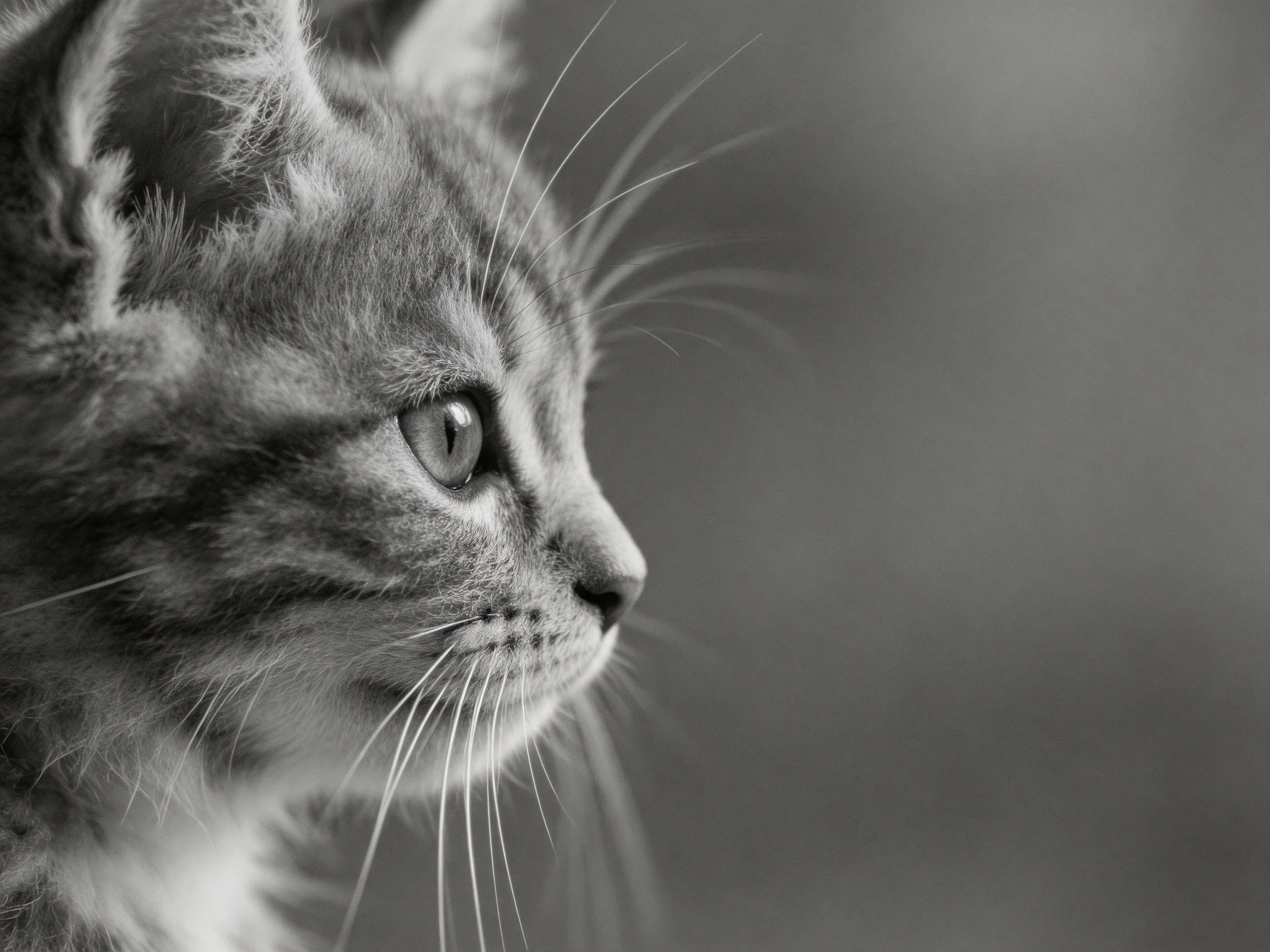 A monochromatic close - up of a tabby kitten with distinct whiskers