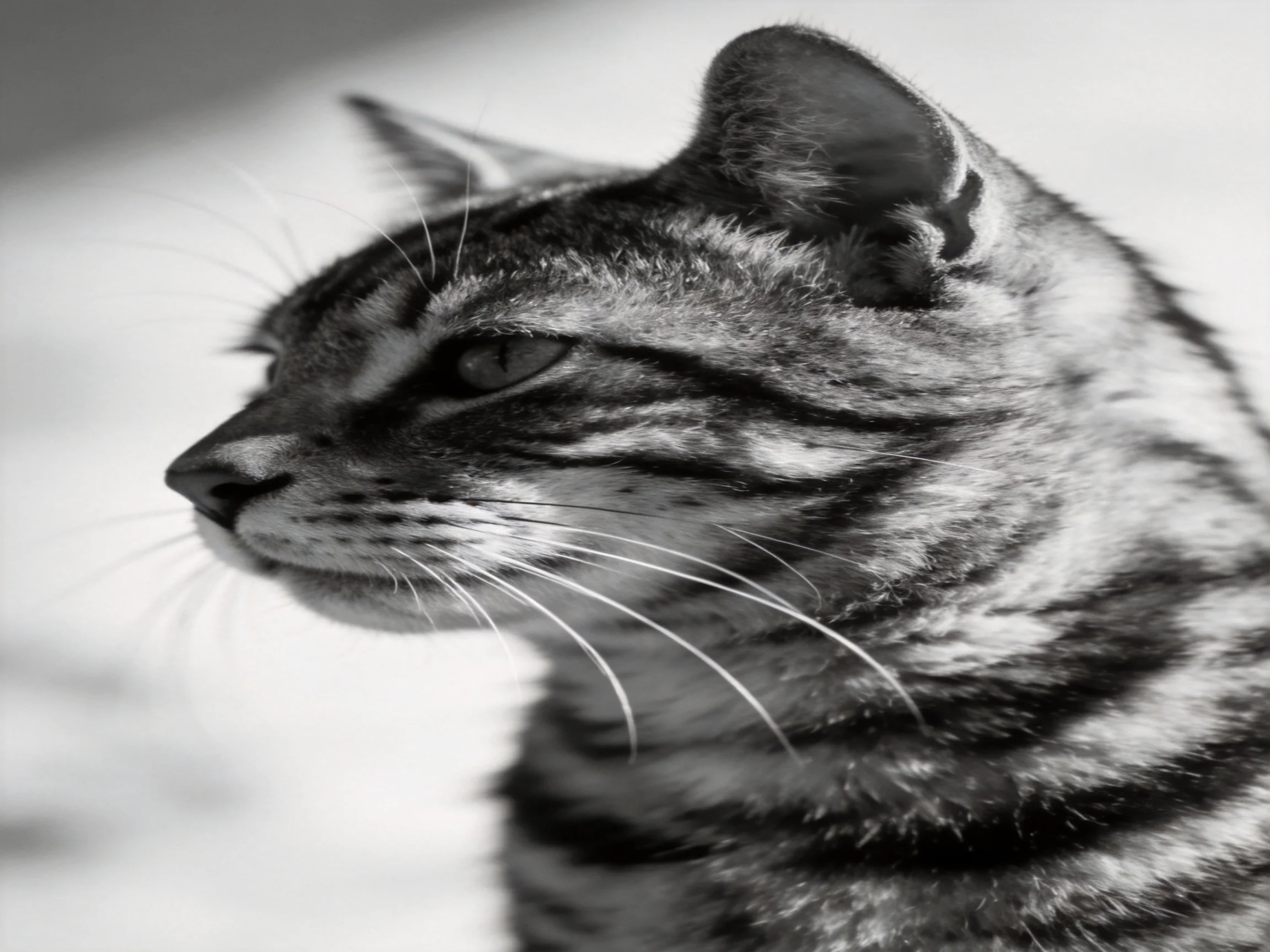 A monochrome close-up of a tabby cat with striped fur