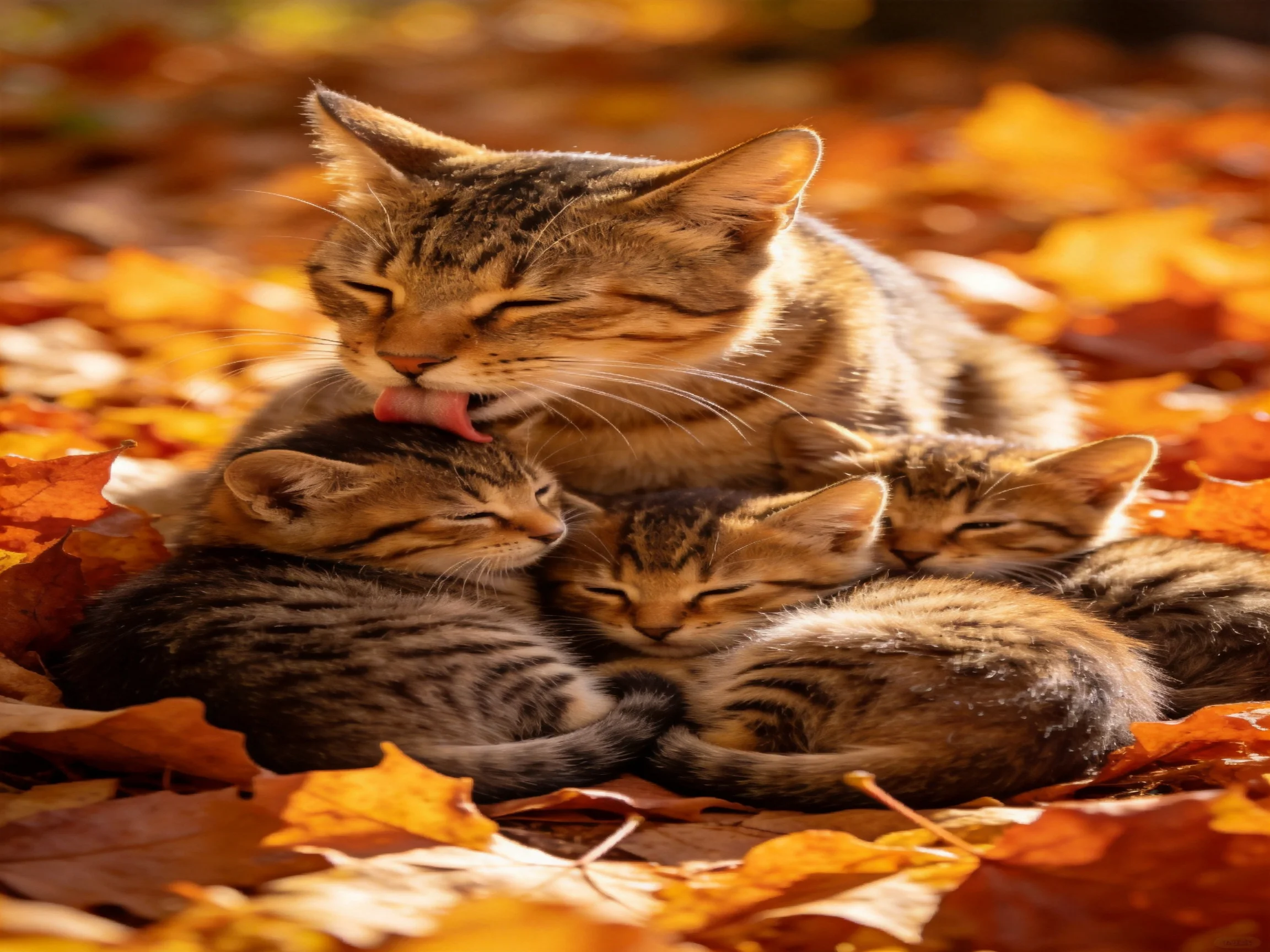 A mother cat grooms her three tabby kittens among golden autumn leaves