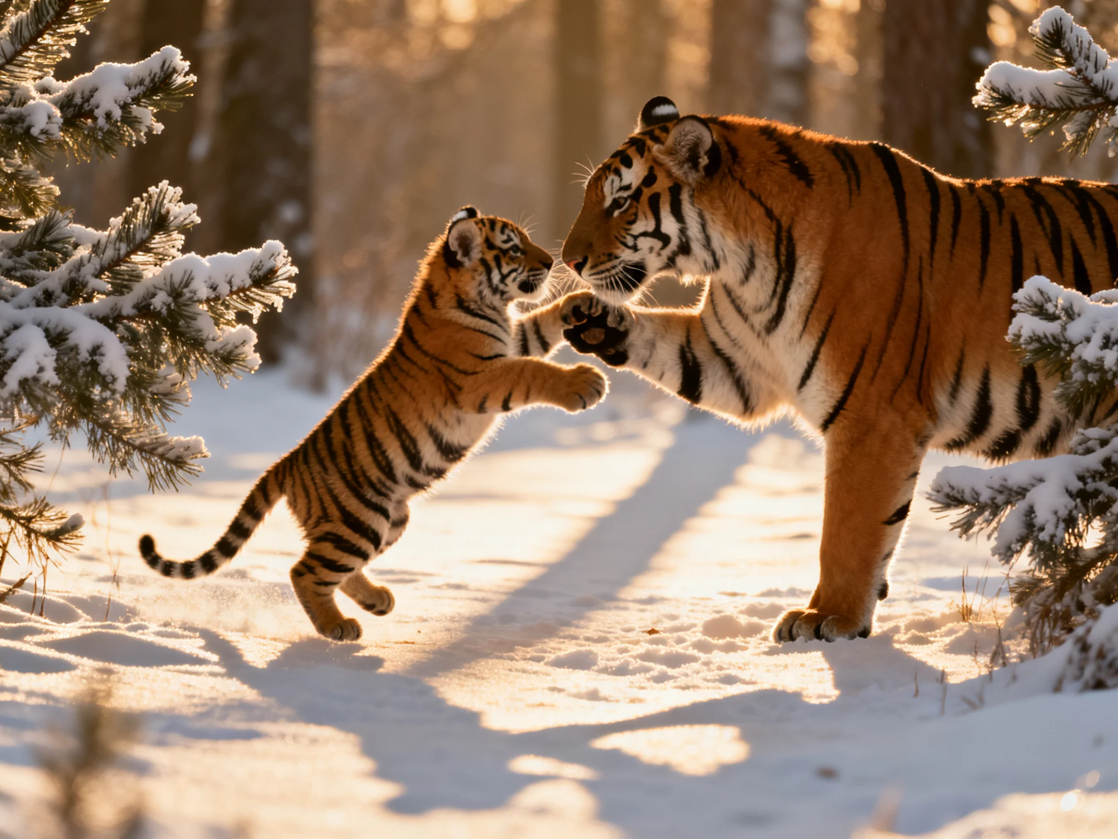A mother tiger and cub play in a snowy forest