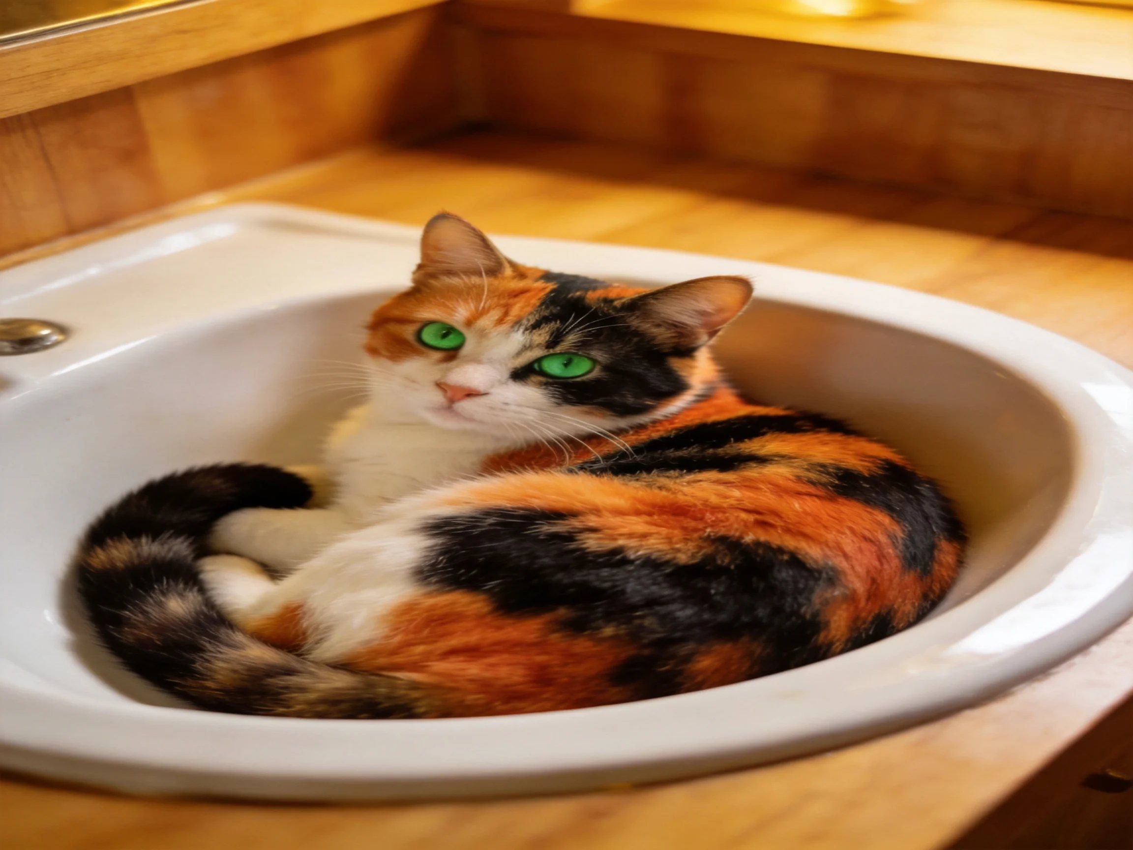 A multicolored calico cat resting in a white bathroom sink