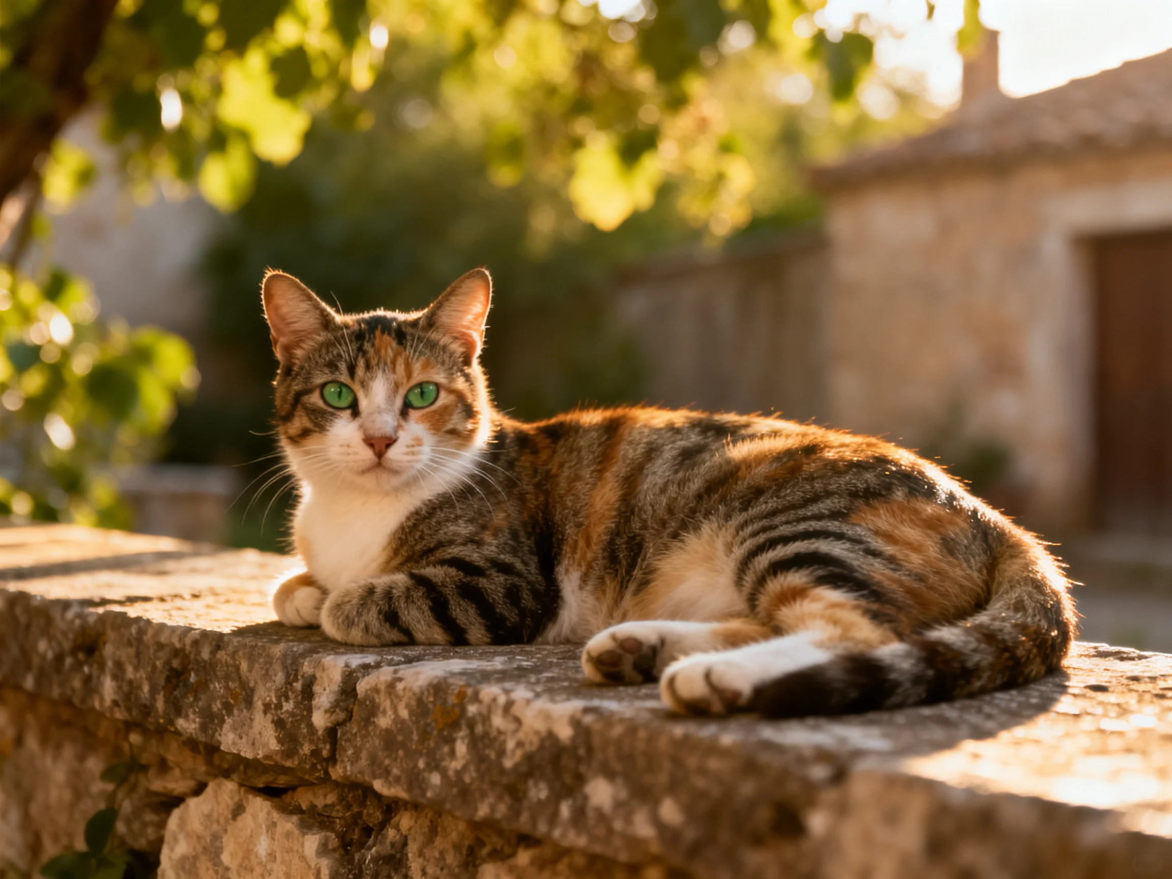 A calico cat relaxes on a stone wall in sunny conditions.