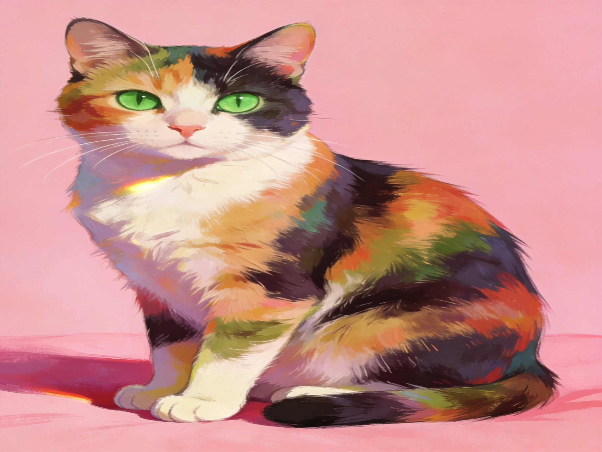 A calico cat with green eyes sits on a pink background
