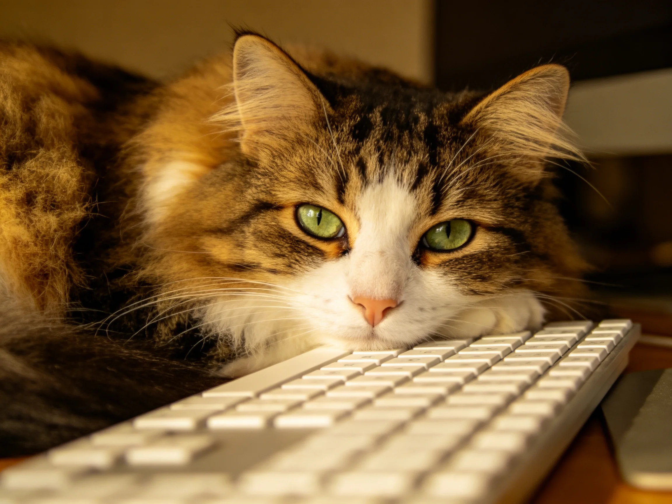 A calico cat with green eyes rests its head on a white keyboard