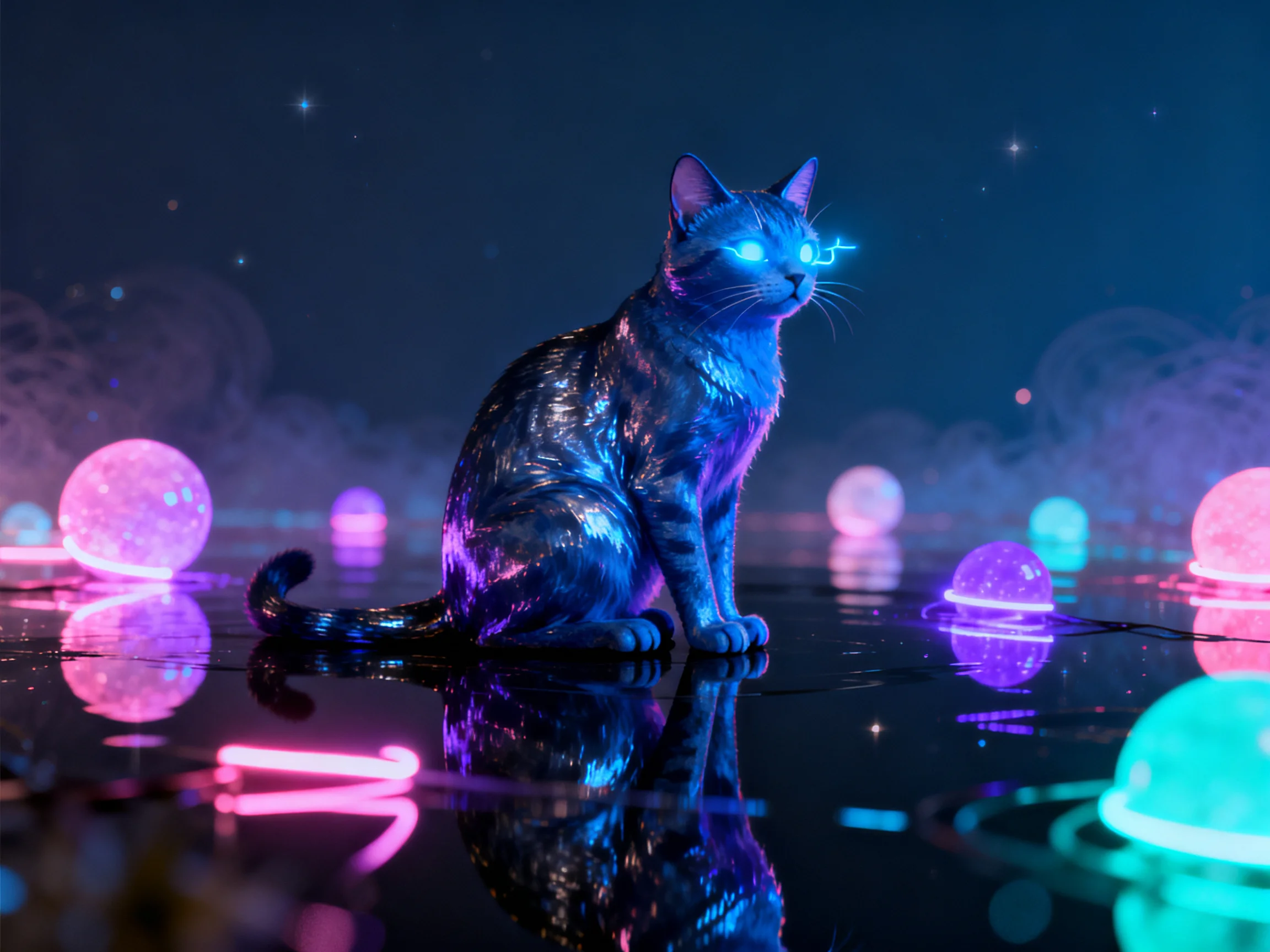 A glowing cat surrounded by colorful orbs rests on reflective water.