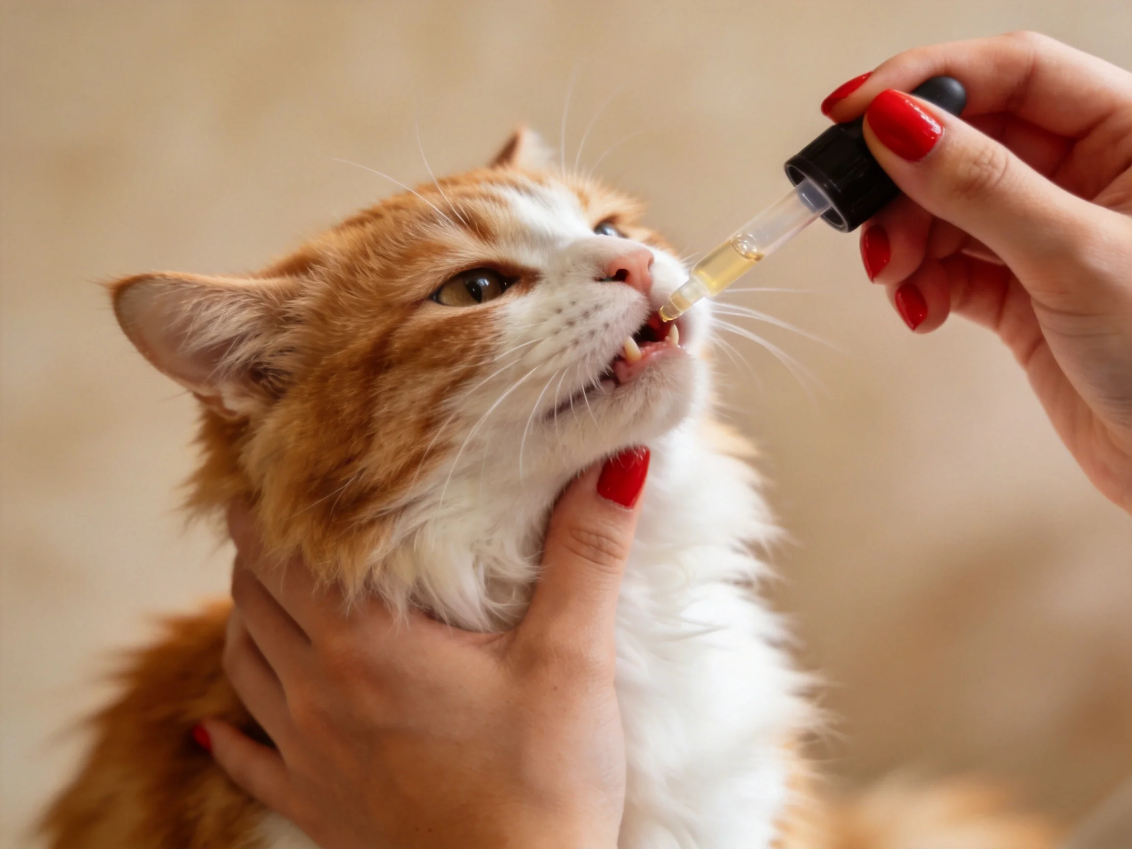 A person administers a liquid drop to an orange and white cat using a black dropper