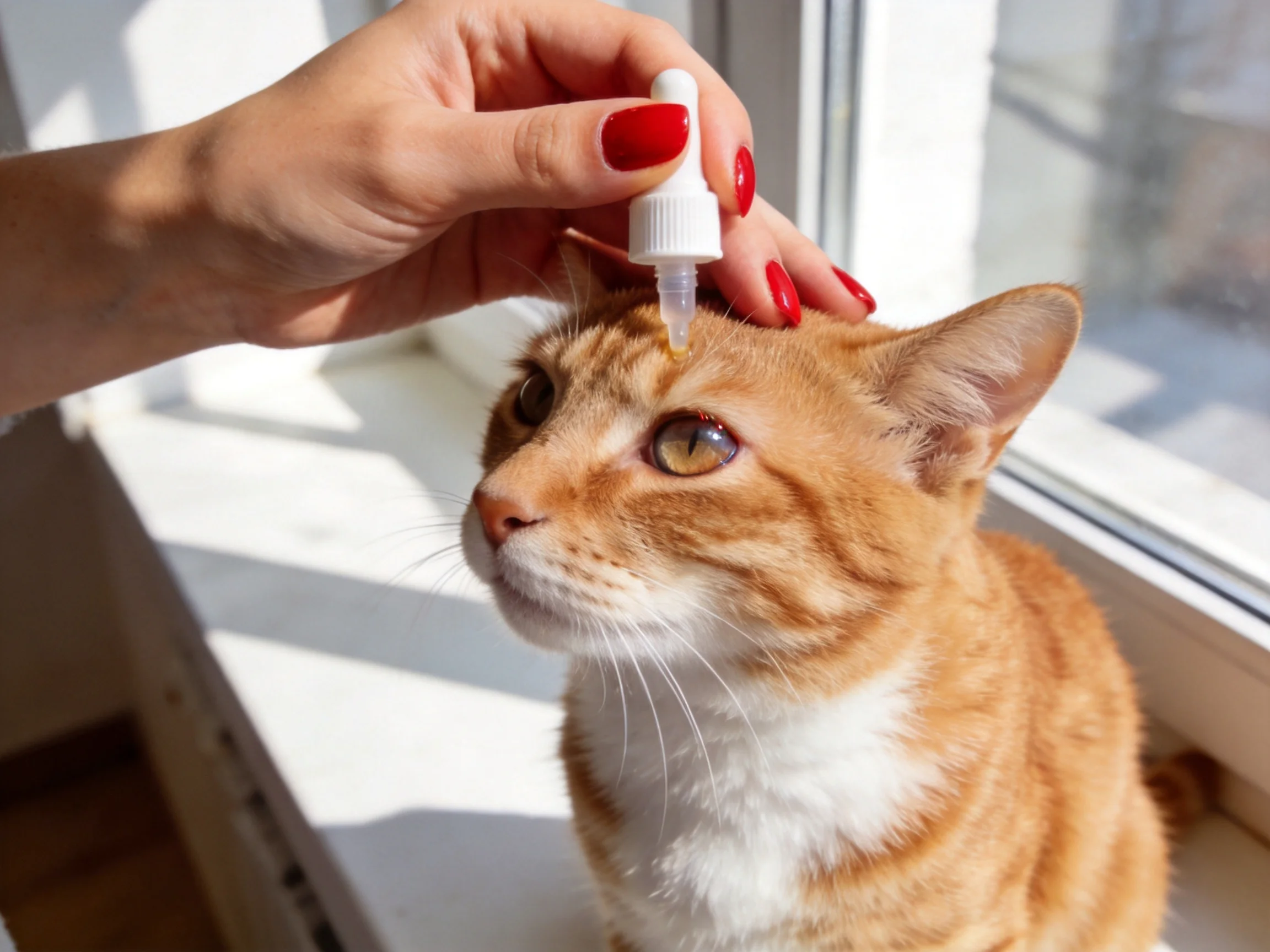 A person administers eye drops to an orange and white cat near a window