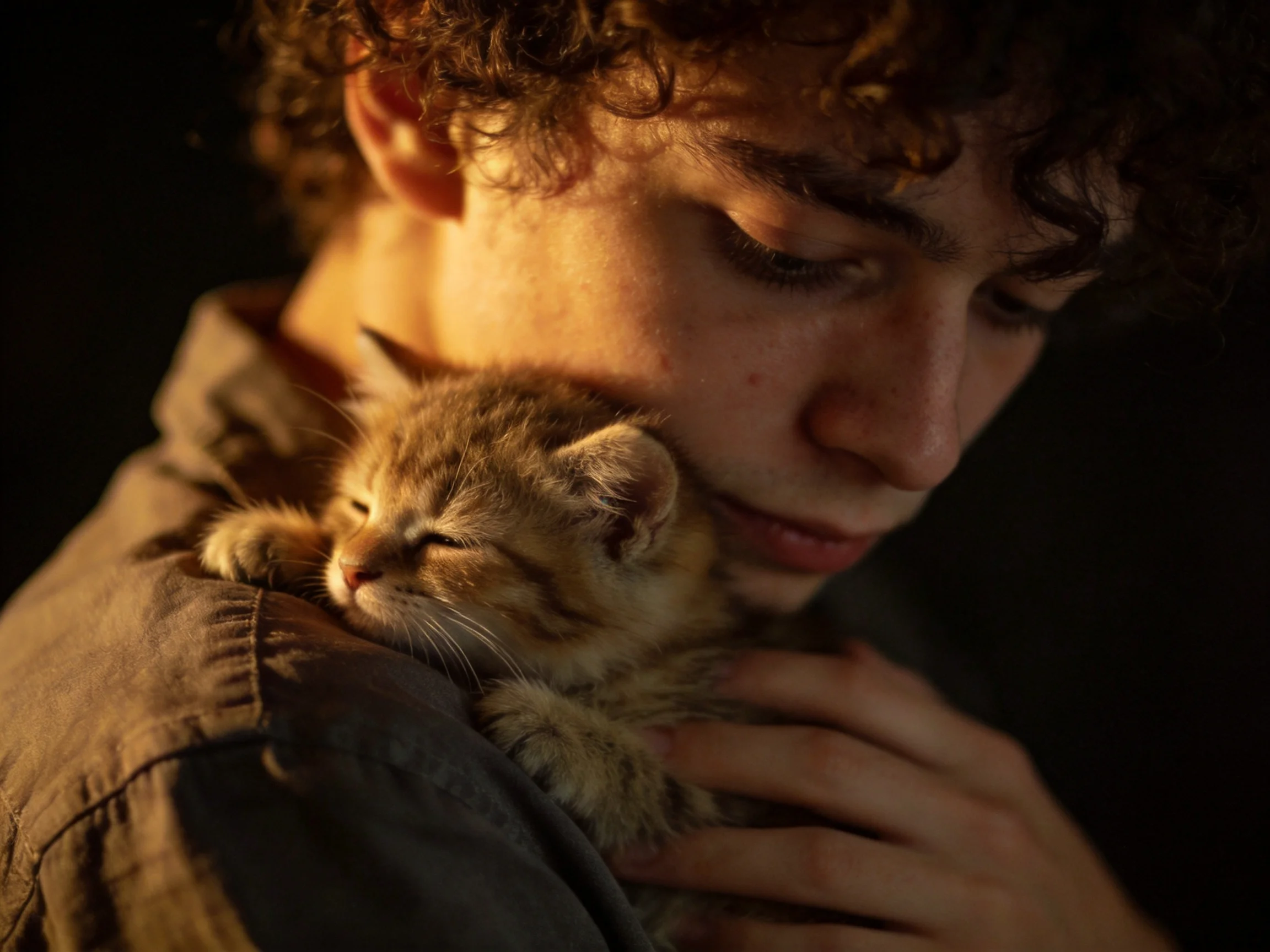 A person cradling a small tabby kitten in warm, dim lighting