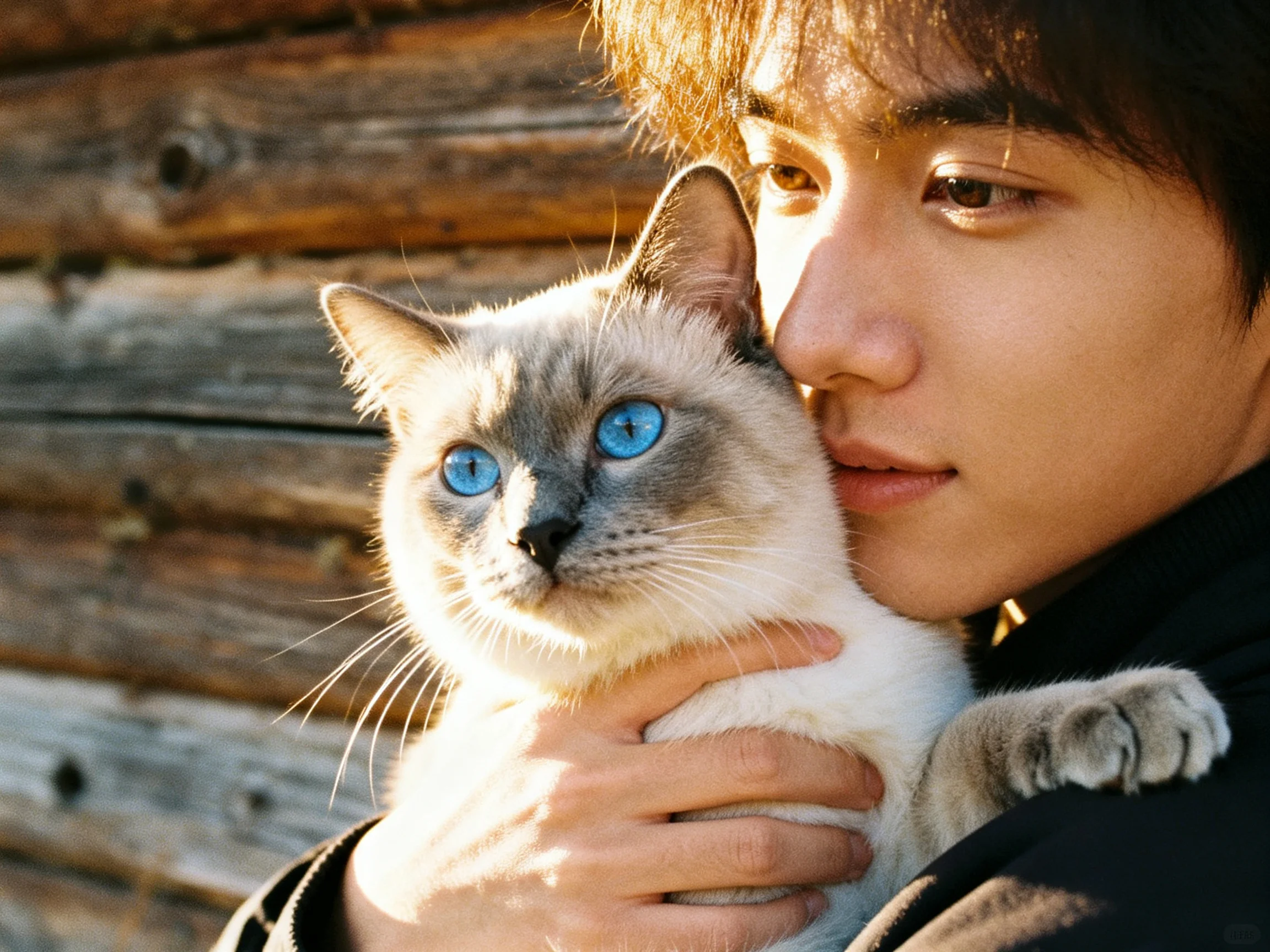 A person holding a blue-eyed Siamese cat near a weathered wooden wall