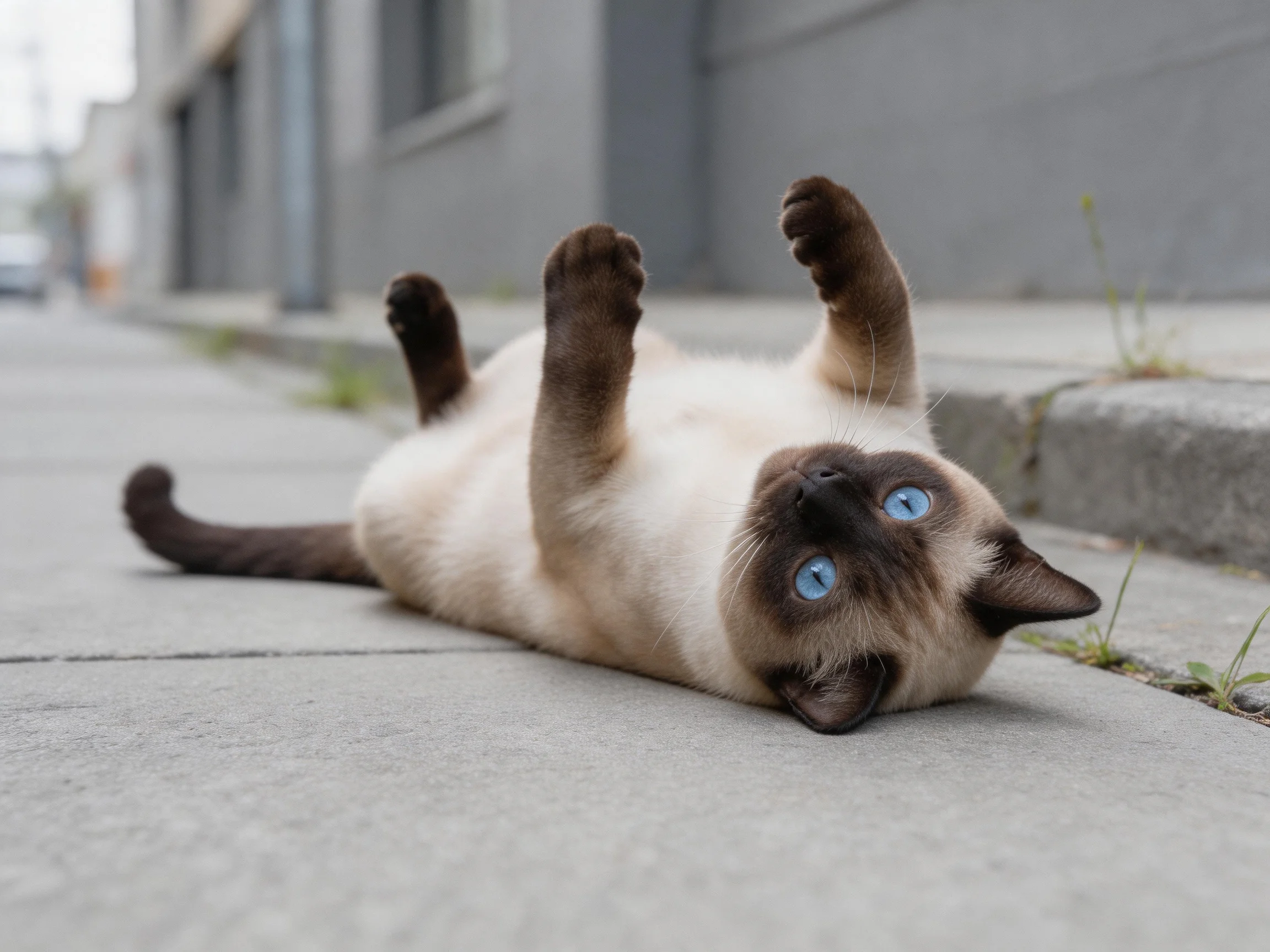 A playful Siamese cat with blue eyes rolling on a concrete sidewalk
