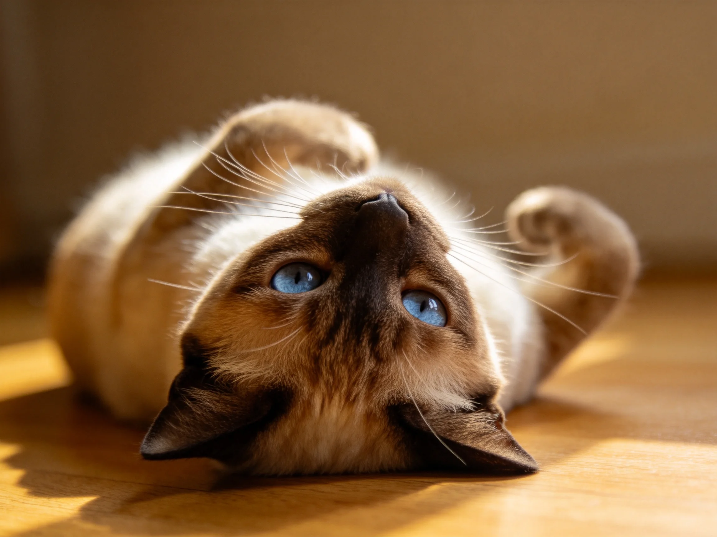 A playful Siamese cat with bright blue eyes lies on a wooden surface