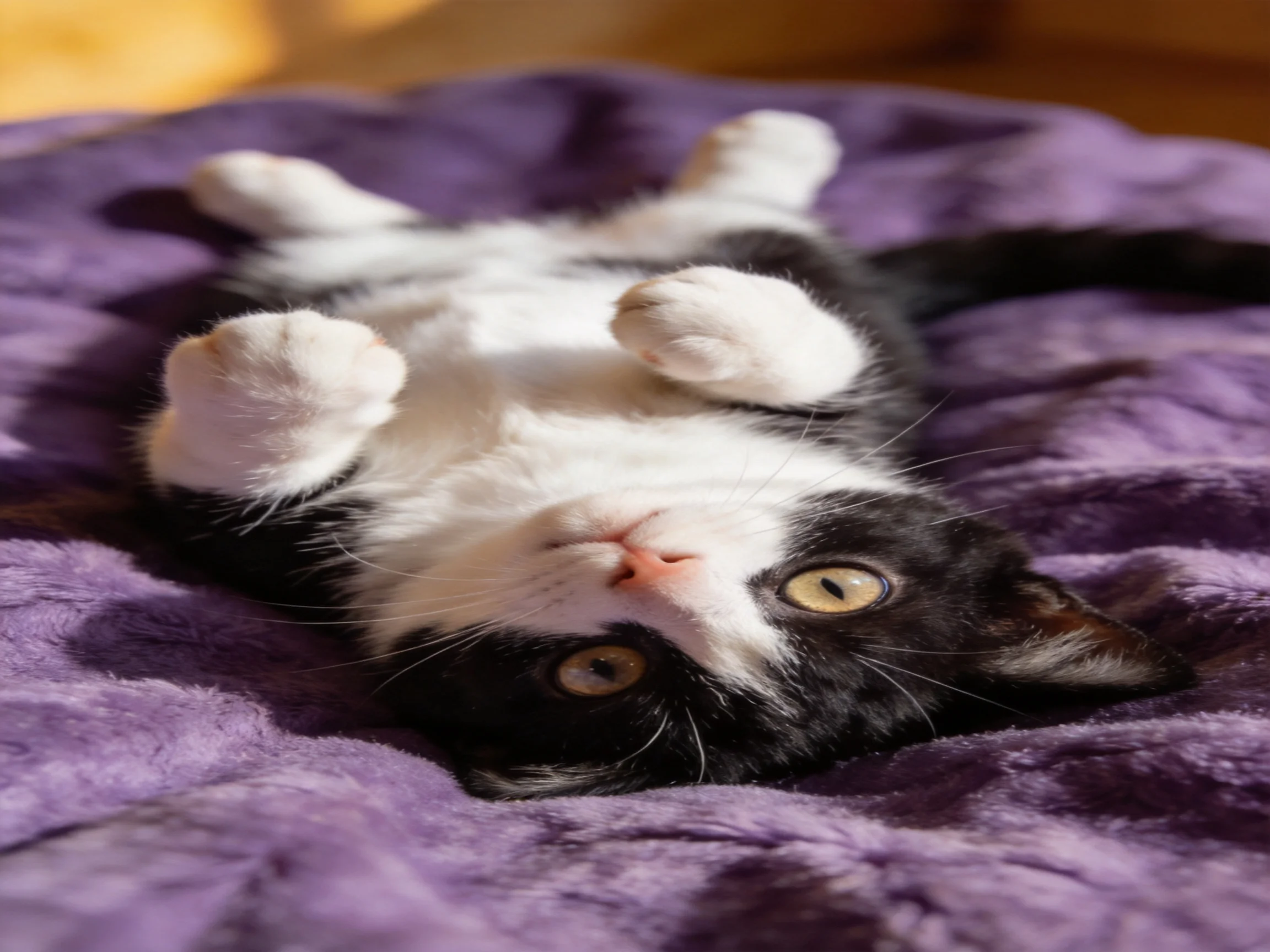 A playful black - white kitten lies on a plush purple blanket