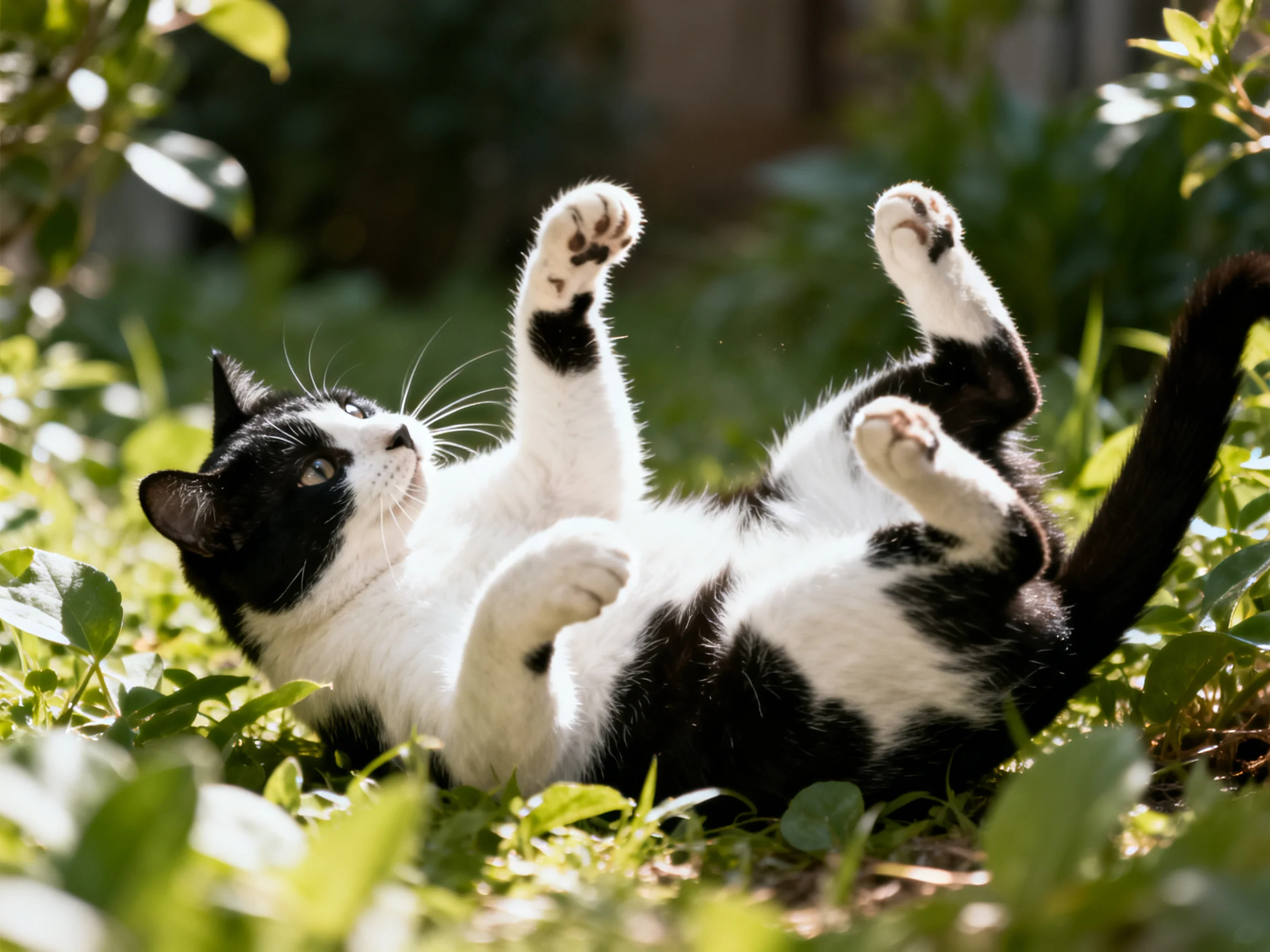 A black-and-white cat plays joyfully on sunlit grass surrounded by foliage.
