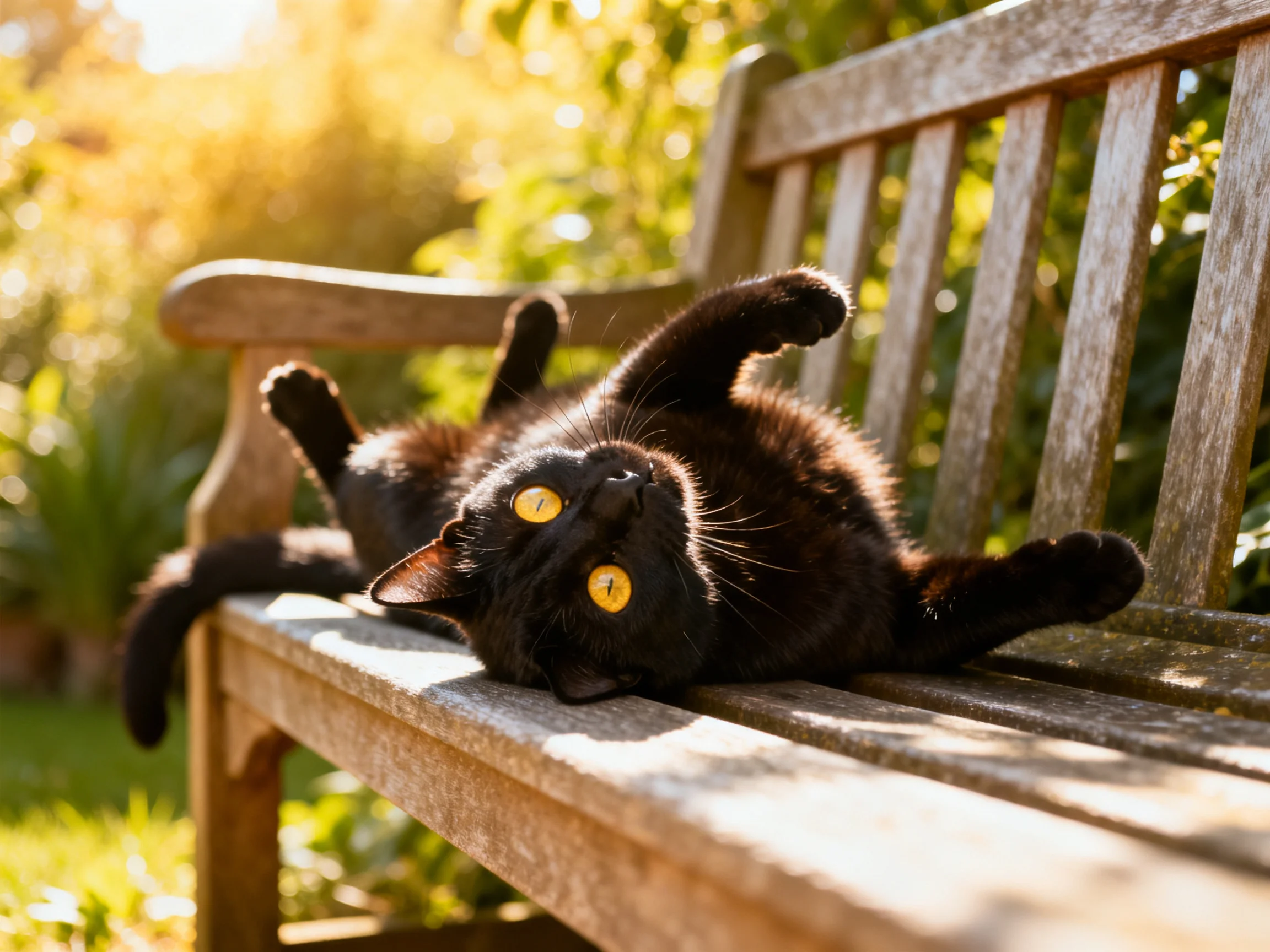 A playful black cat lounges on an aged wooden bench in a sun-drenched garden