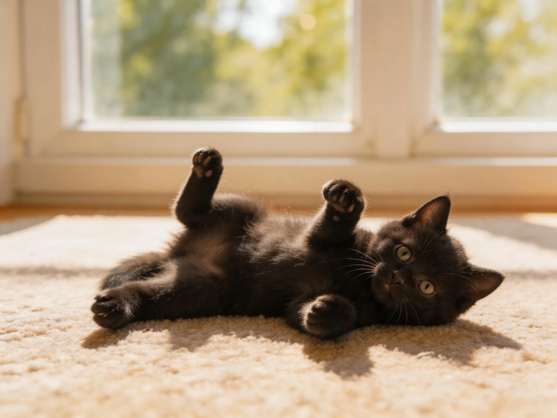 A playful black kitten lies on a beige carpet by a sunlit window