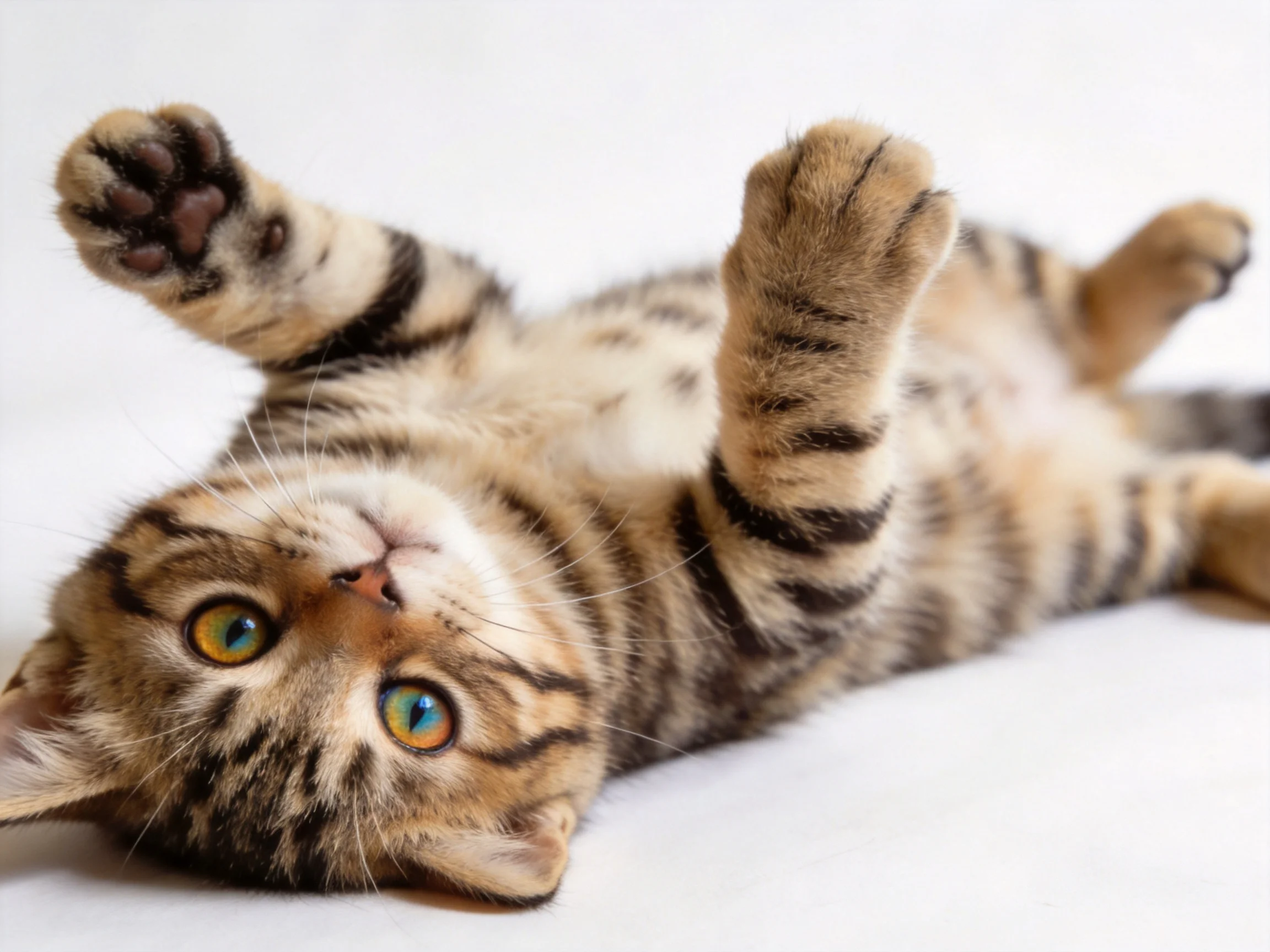 A playful brown tabby kitten plays on its back with raised paws