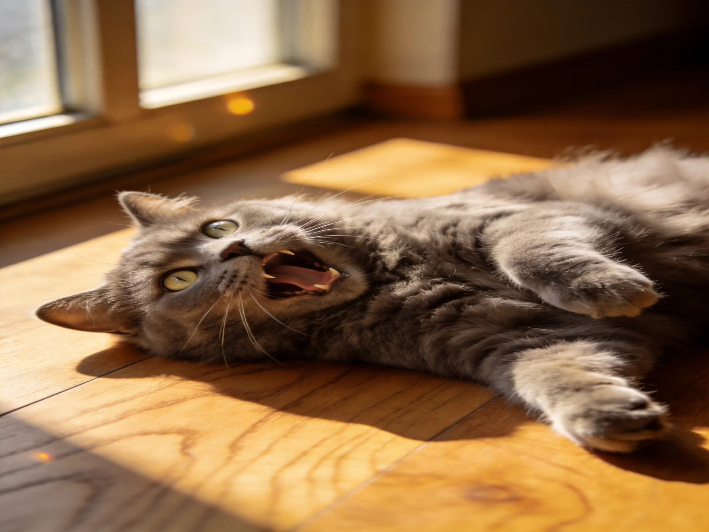 A playful gray cat lies on a sunlit wooden floor by windows