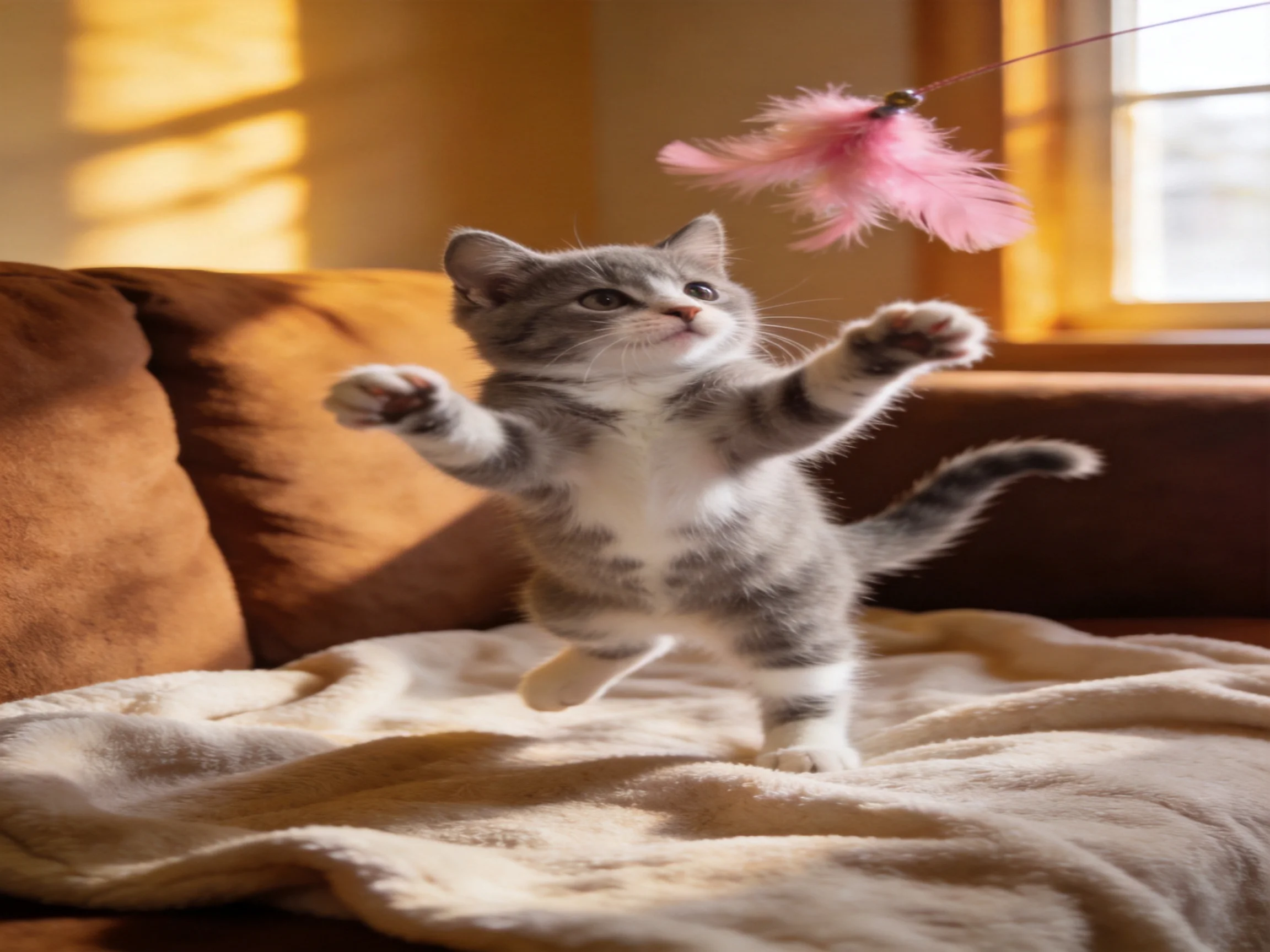 A playful gray kitten jumps for a pink feather toy on a brown couch