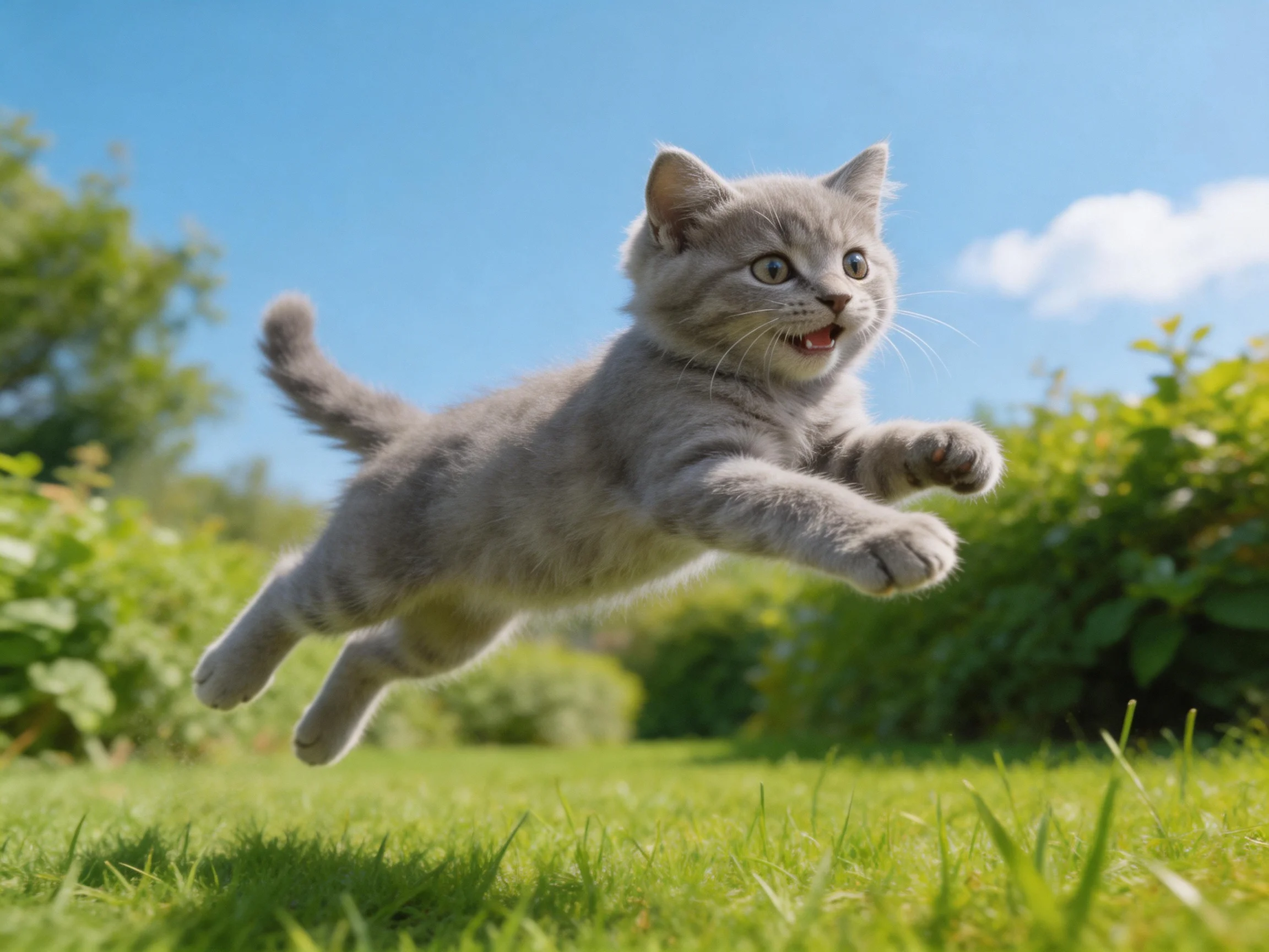A playful gray kitten leaps over lush green grass in a sunny garden