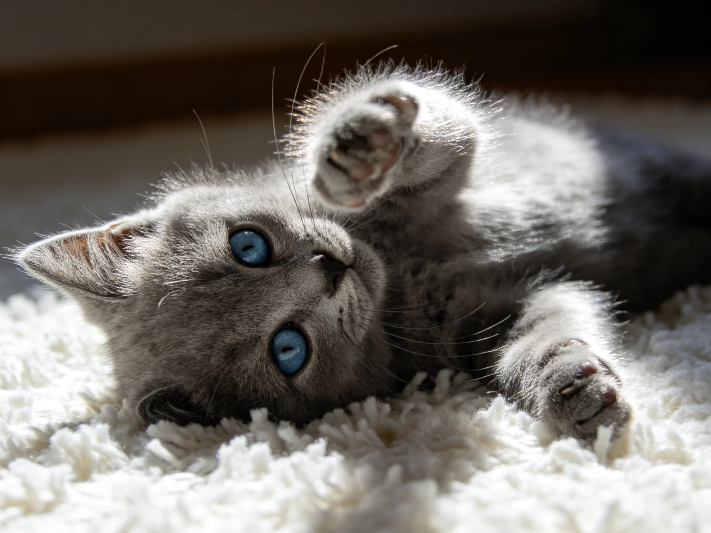 A playful gray kitten with bright blue eyes lies on a soft white rug