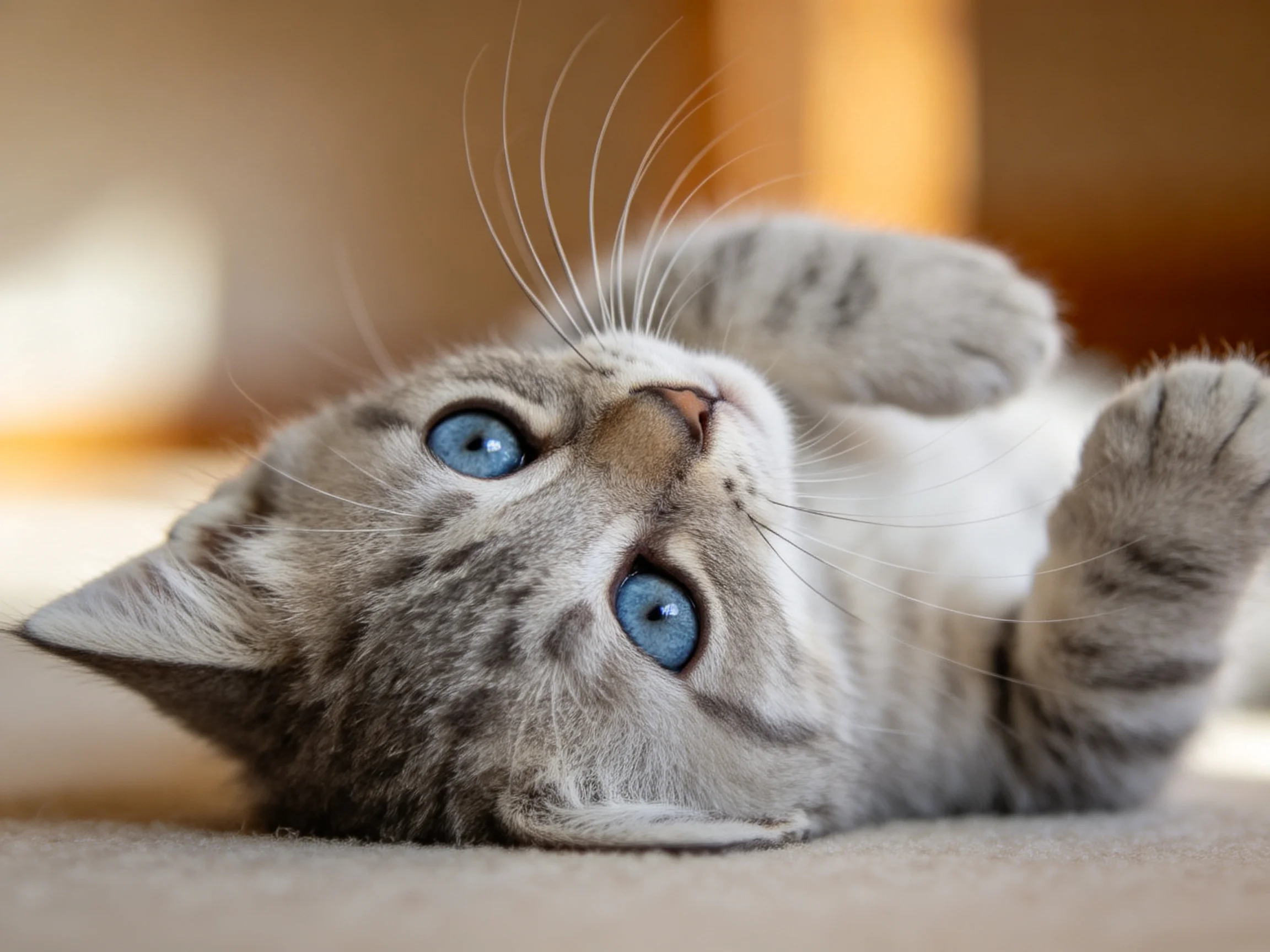 A gray tabby kitten with bright blue eyes lies on a carpet