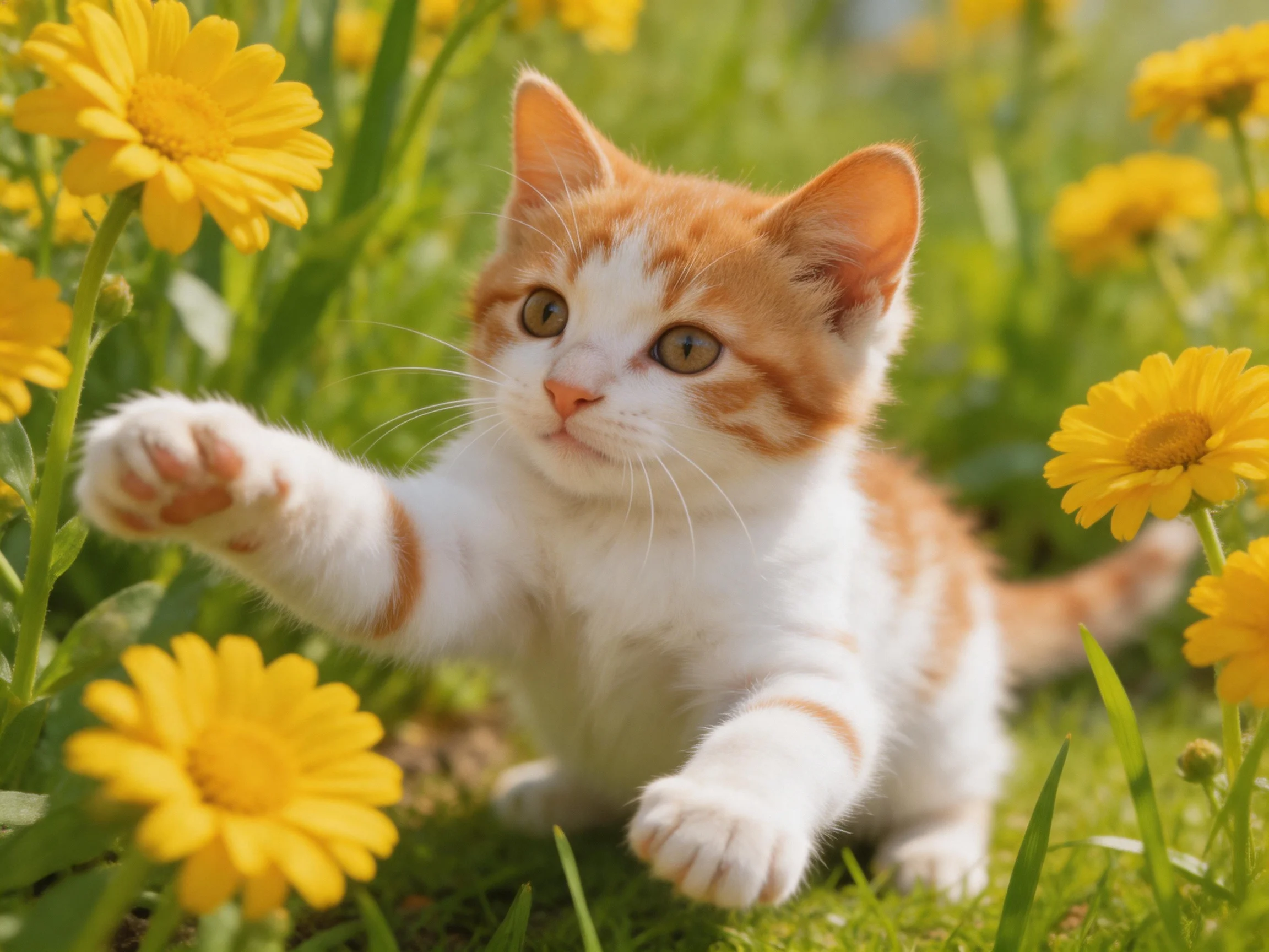 An orange-and-white kitten reaches toward yellow flowers in a sunlit meadow.