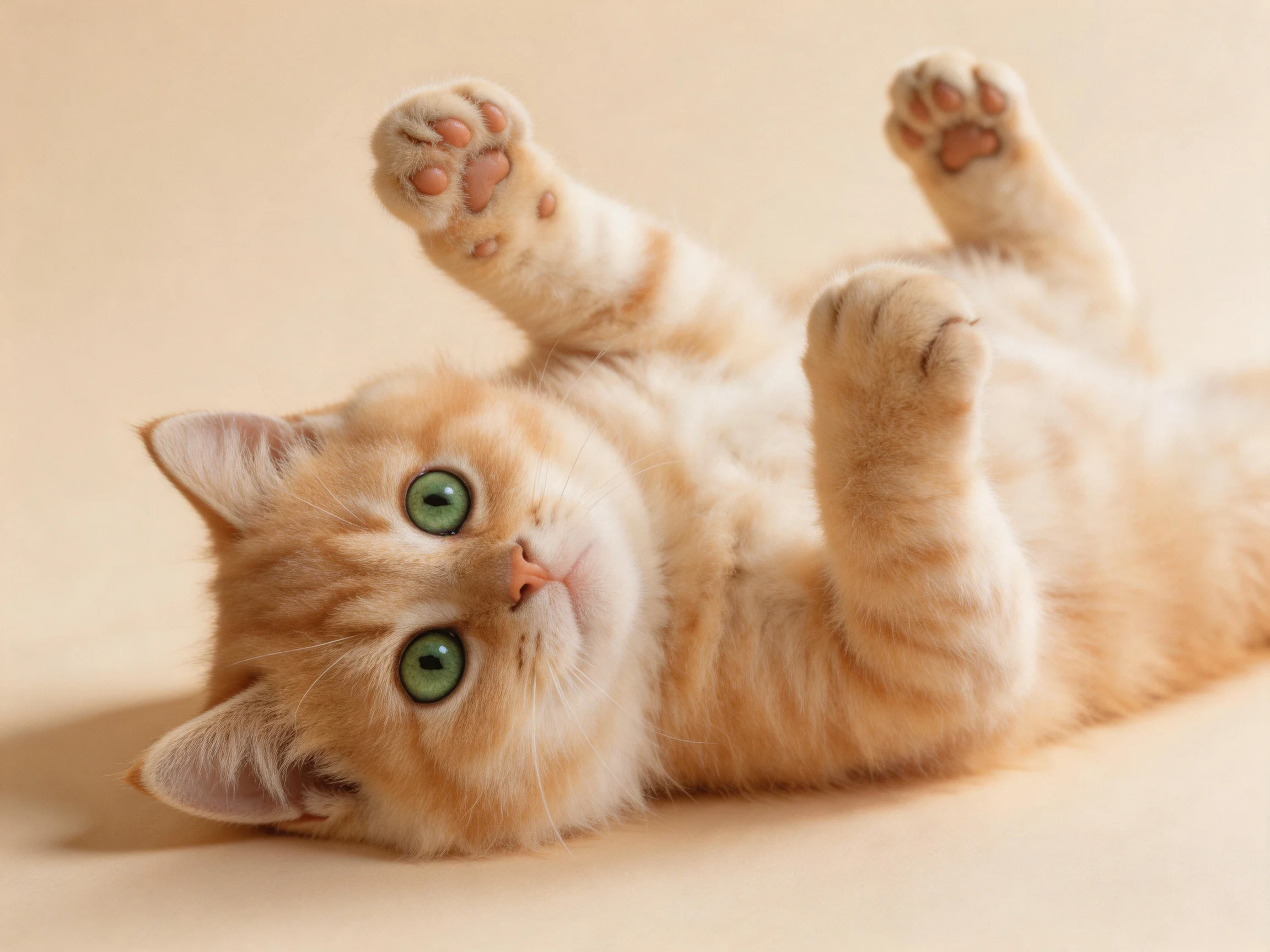 A playful orange tabby kitten lies on its back with bright green eyes