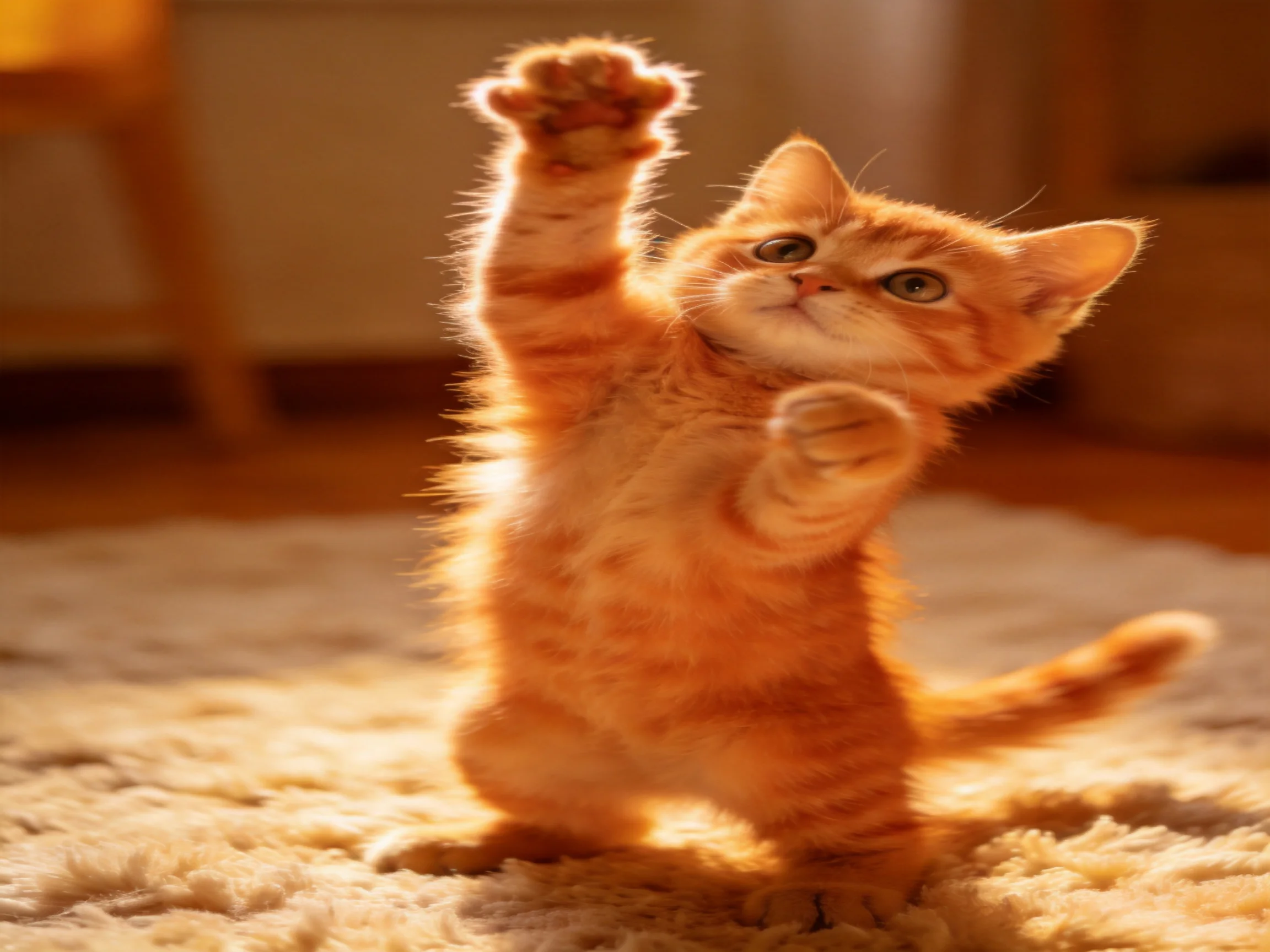 A playful orange tabby kitten reaches upward on a soft rug