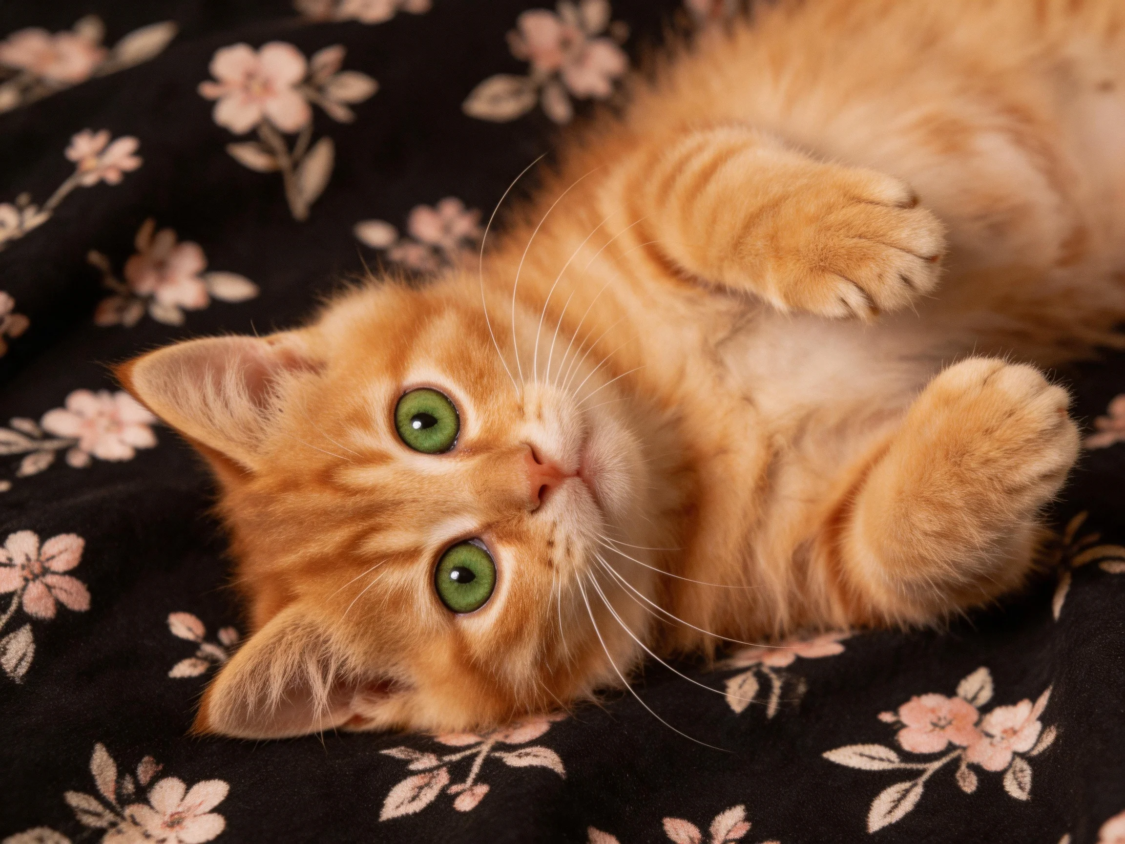 A playful orange tabby kitten with bright green eyes lies on a black floral fabric