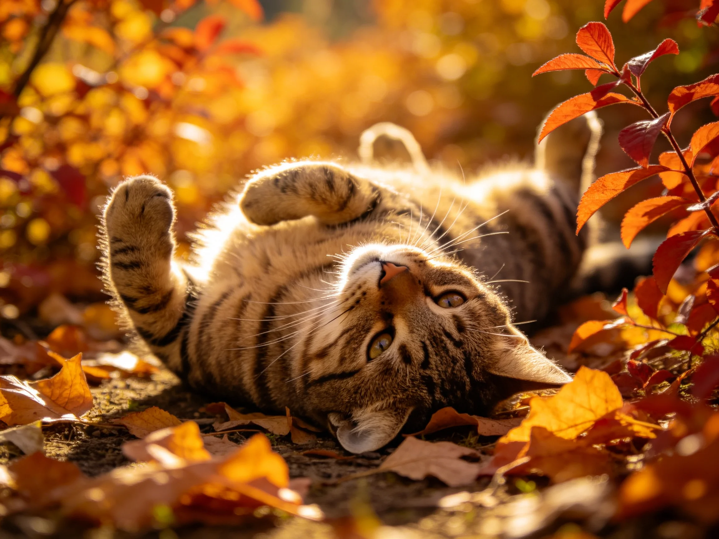A playful tabby cat lies among autumn leaves in golden sunlight