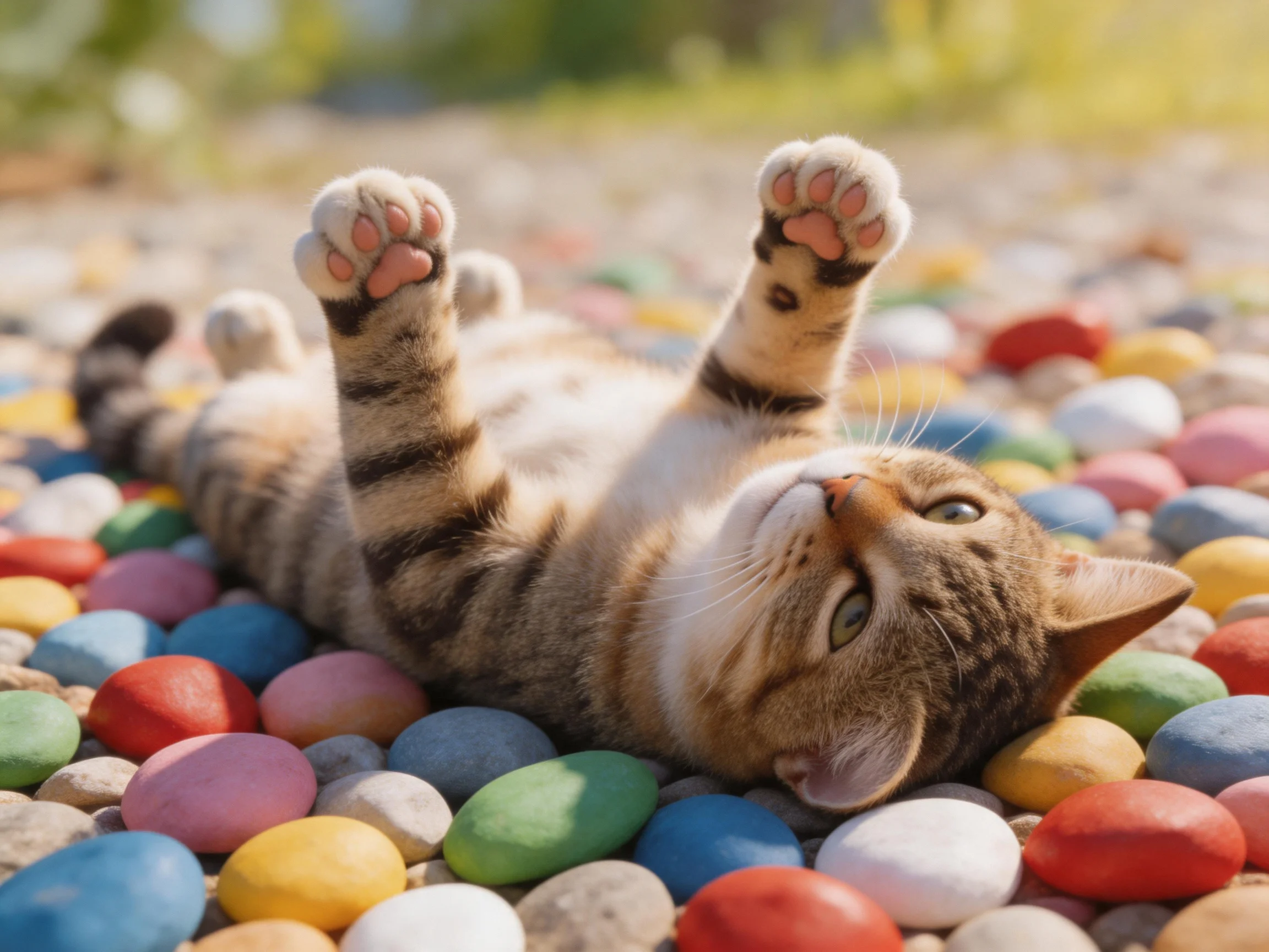 A playful tabby cat lies on colorful smooth pebbles in bright sunlight.