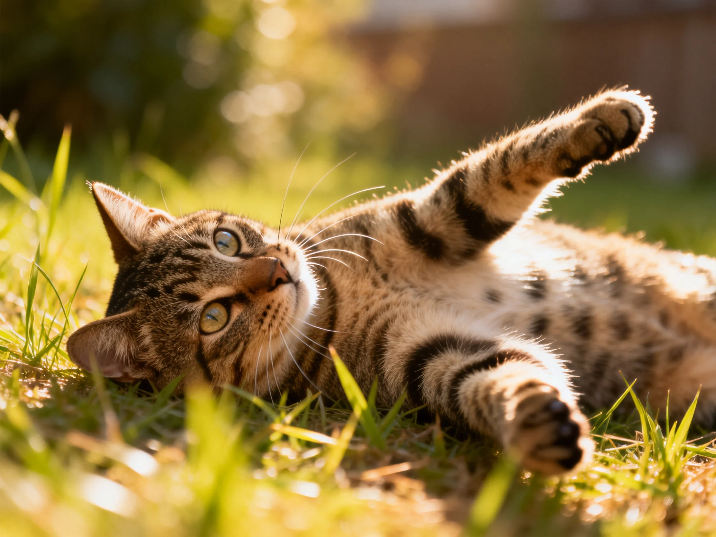 A playful tabby cat lounging in sun-dappled green grass