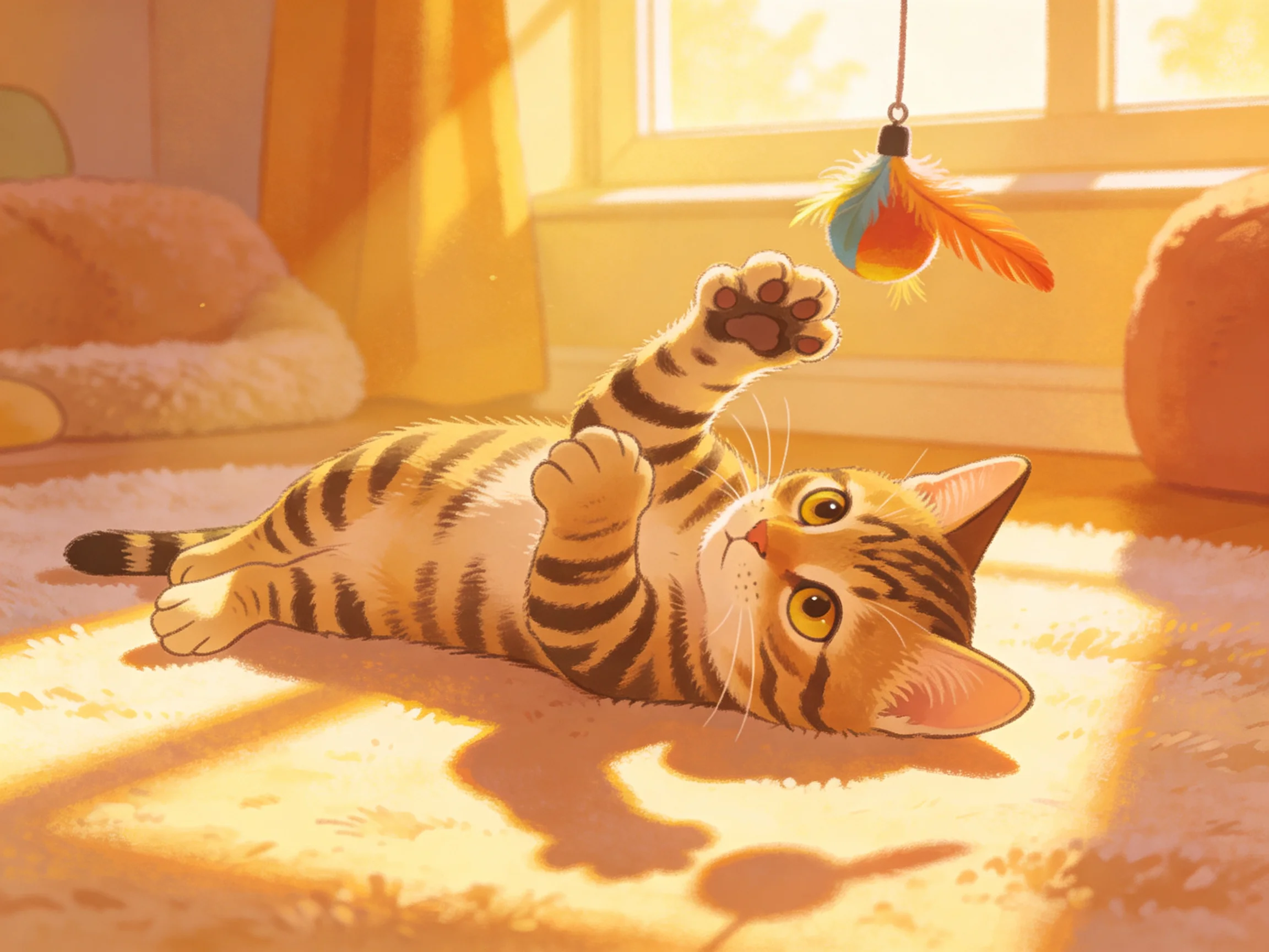 A playful tabby cat reaches for a colorful feather toy in a sunlit cozy room