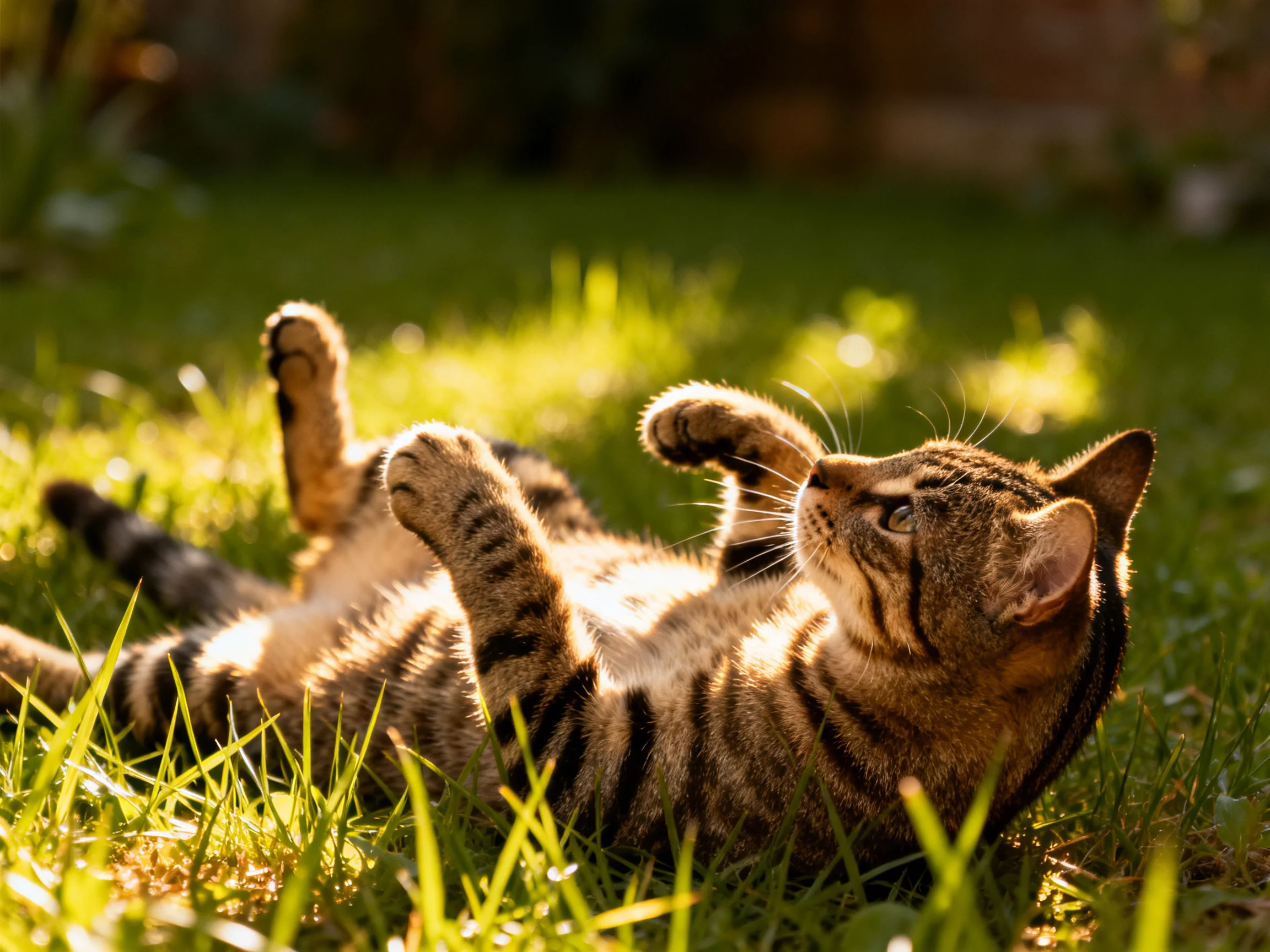 A playful tabby cat rolling in sunlit green grass