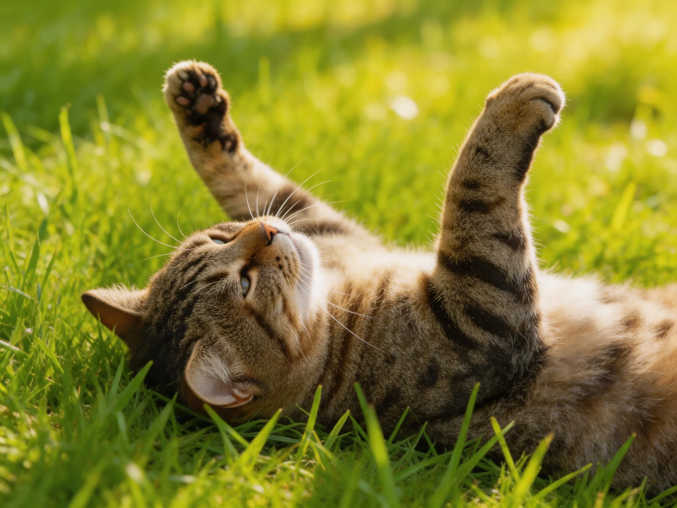 A playful tabby cat rolling on lush green grass in sunlight