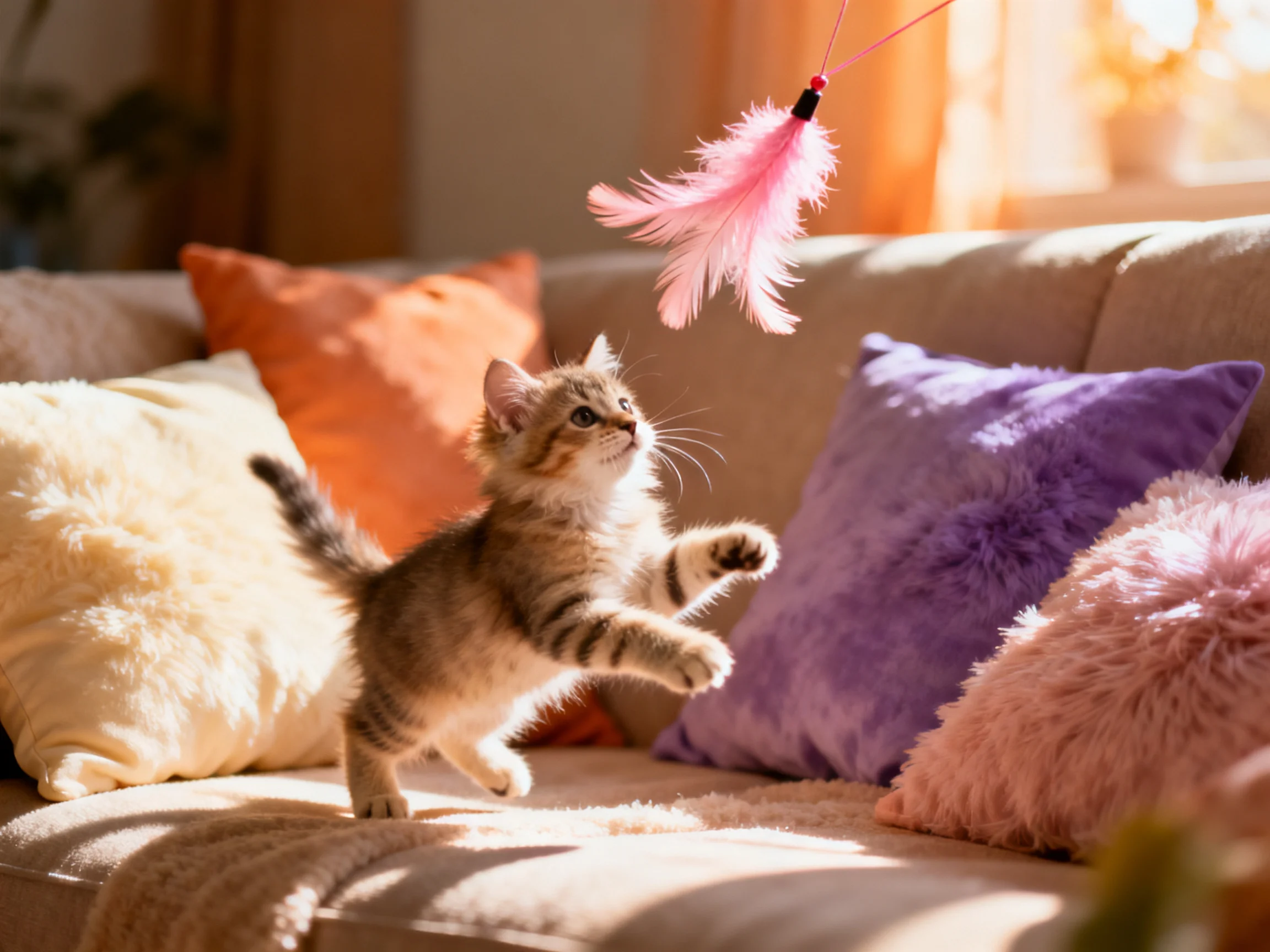 A playful tabby kitten chases a pink feather toy on a cushioned sofa