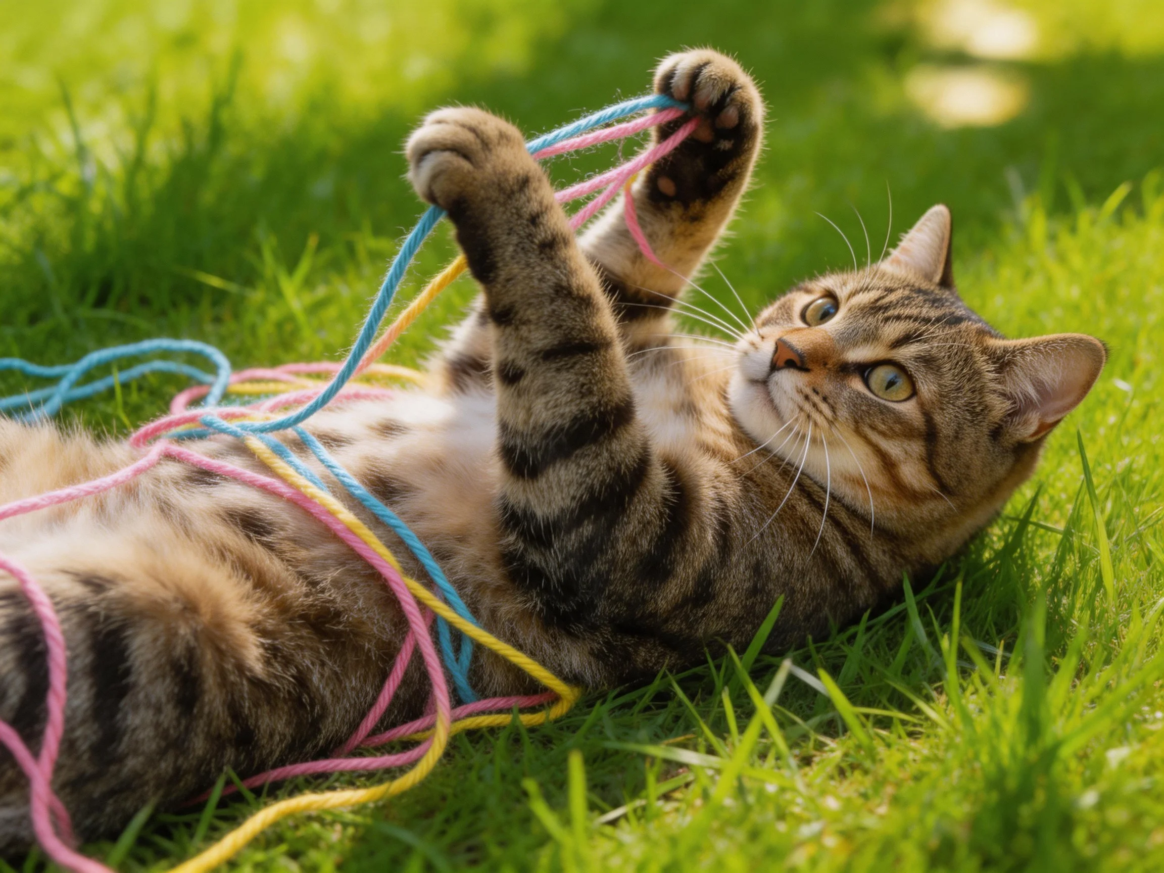 A playful tabby kitten entangled with pink, blue, and yellow yarn on lush green grass