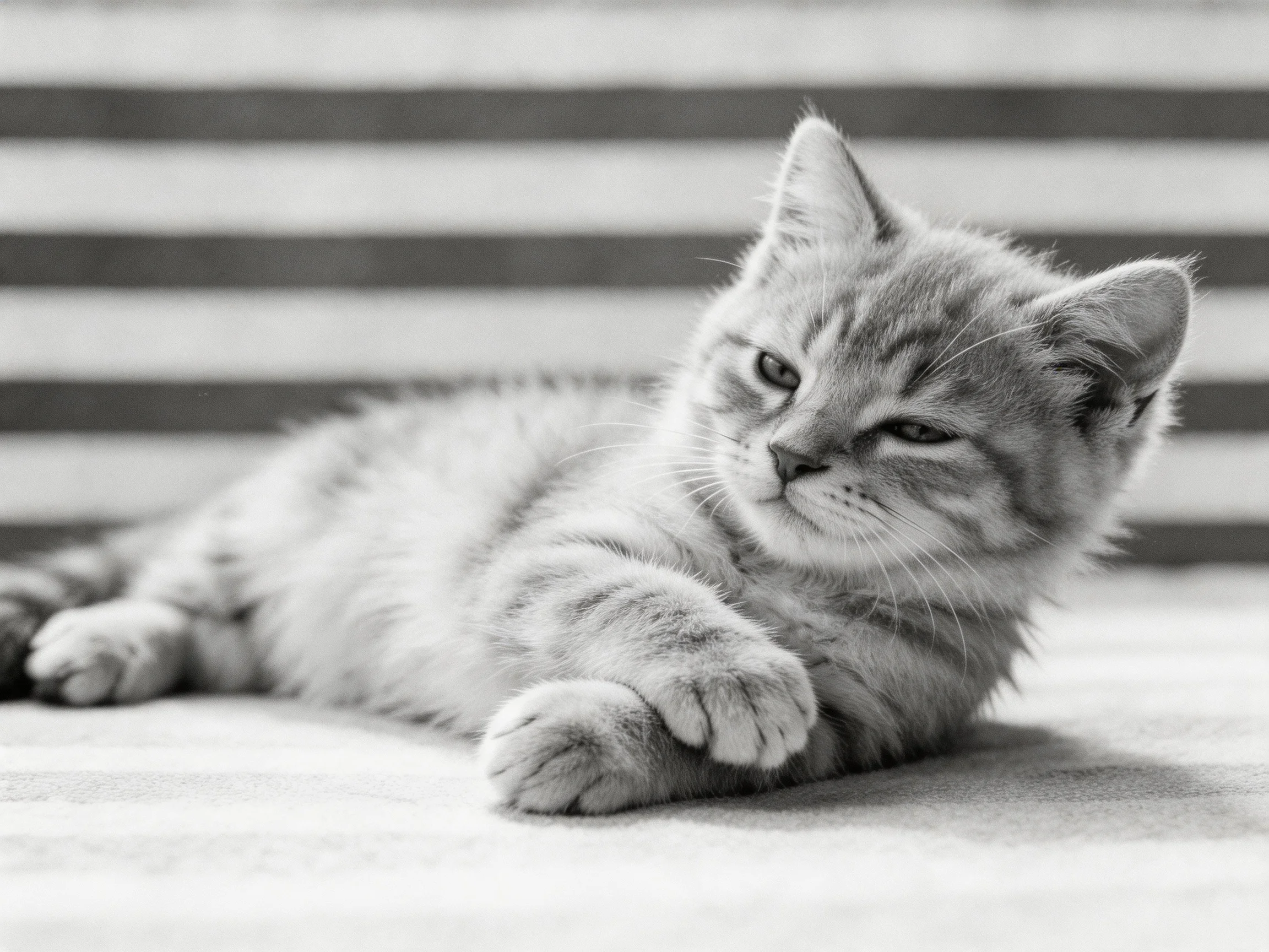 A playful tabby kitten lounging near bold horizontal stripes