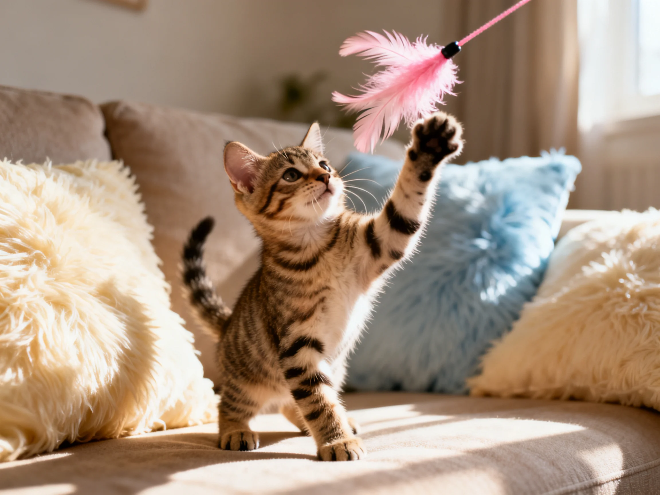 A playful tabby kitten plays with a pink feather toy on a cushioned sofa