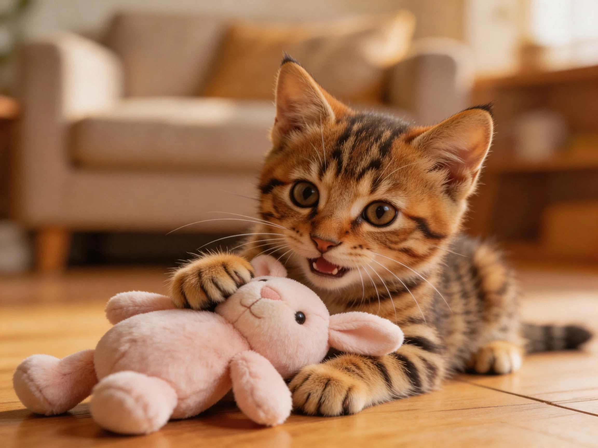 A playful tabby kitten plays with a pink stuffed toy in a cozy living room